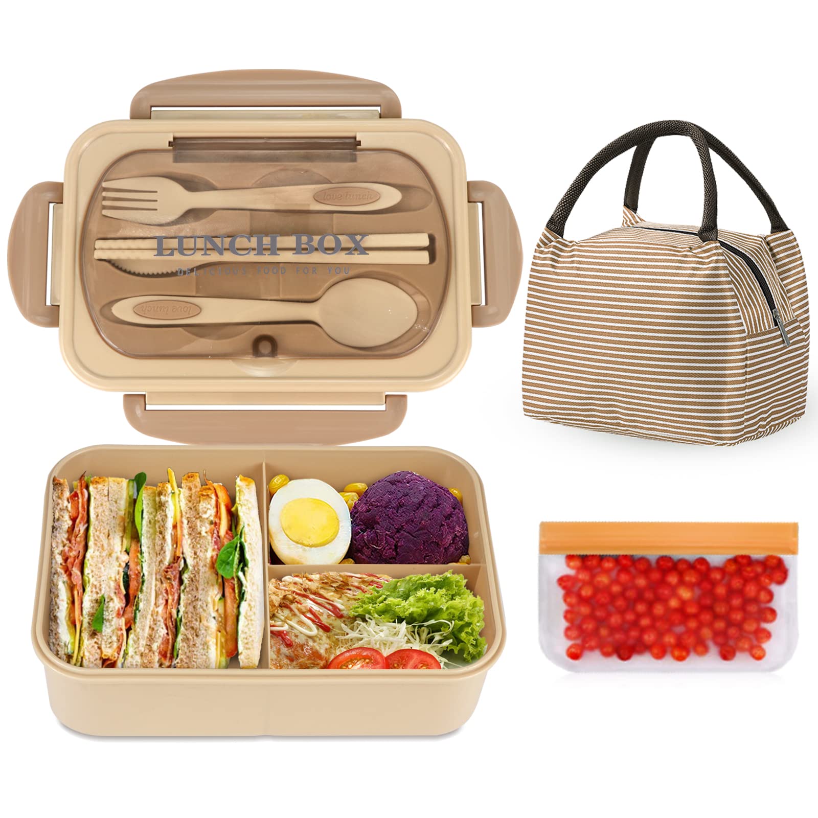 NatraProw Bento Box for Adults - Leakproof 3-Compartment Lunch Container with Insulated Bag | BPA Free & Microwave Safe | Perfect for Office, School, Picnics & Meal Prep (Khaki)