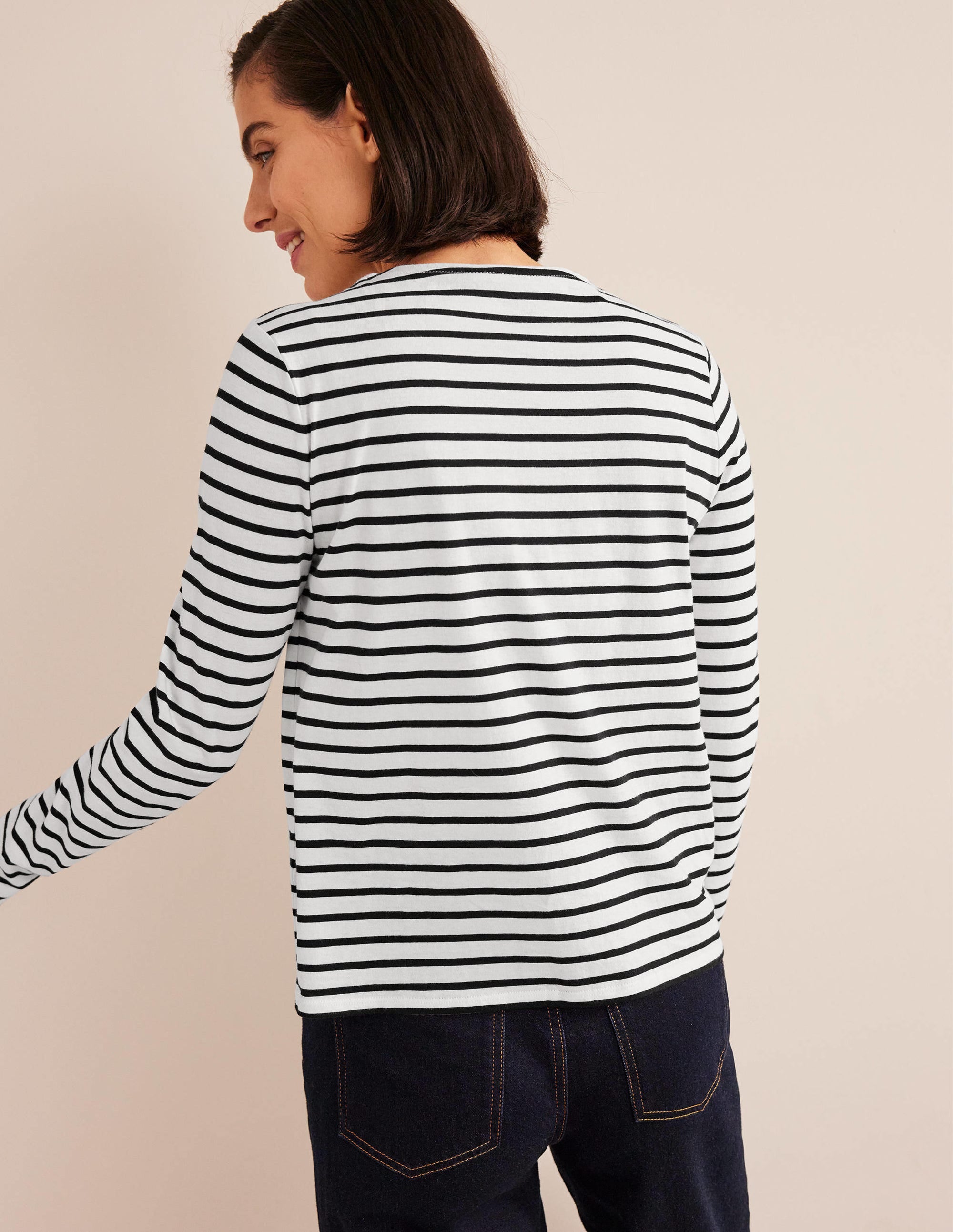 Bea Women's Long Sleeve Breton Stripe Top - Ivory & Black Striped Shirt for Casual Wear, Office Outfits & Fall Layering