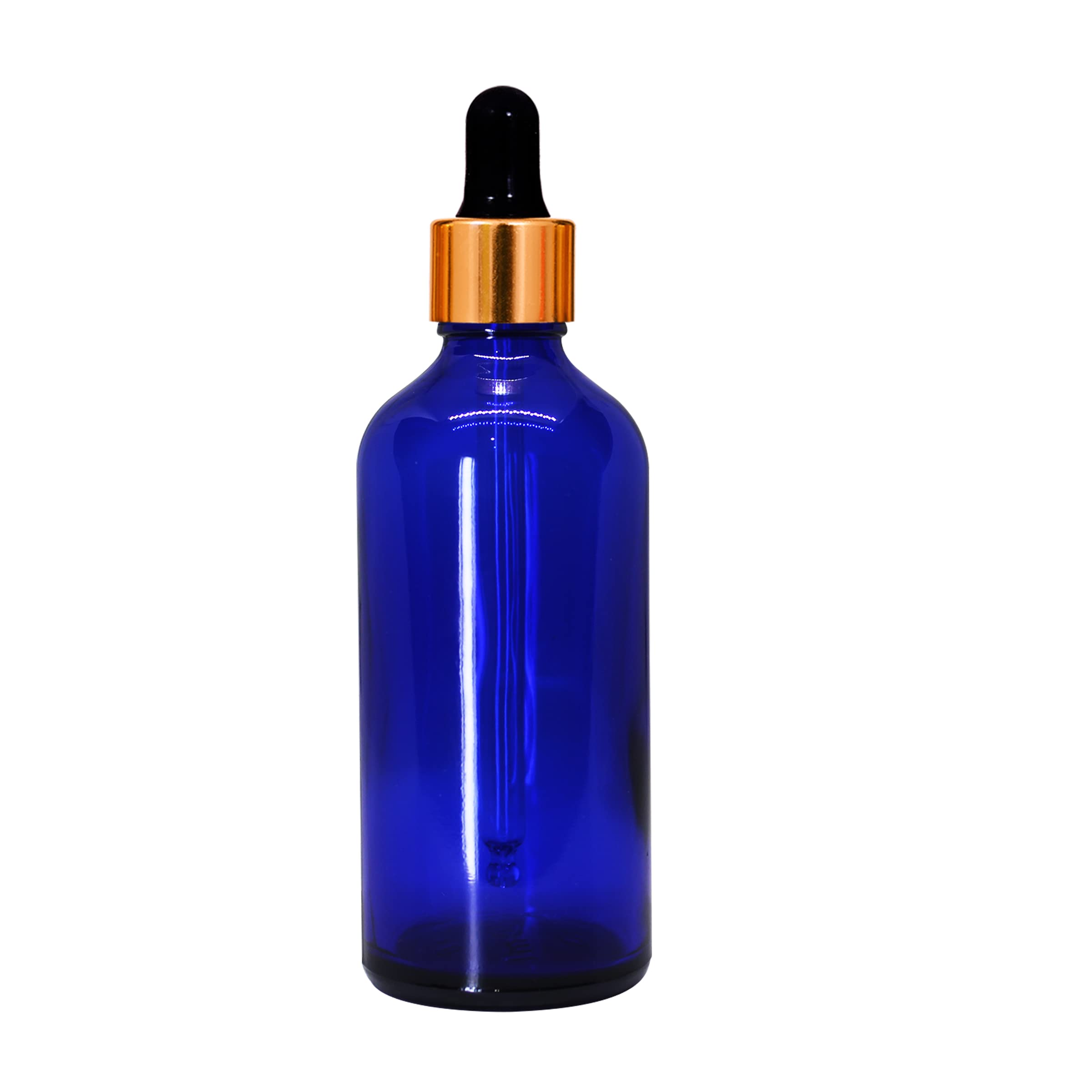 NSB Herbals 100ml Blue Round Empty Glass Bottle with Glass Dropper, Gold Ring & Black Silicone Teat - Leak Proof, Refillable for Essential Oils, DIY Perfumes, Aromatherapy, Homemade Skincare (Pack of 1) - Perfect for Travel, Gifts & Crafting Projects