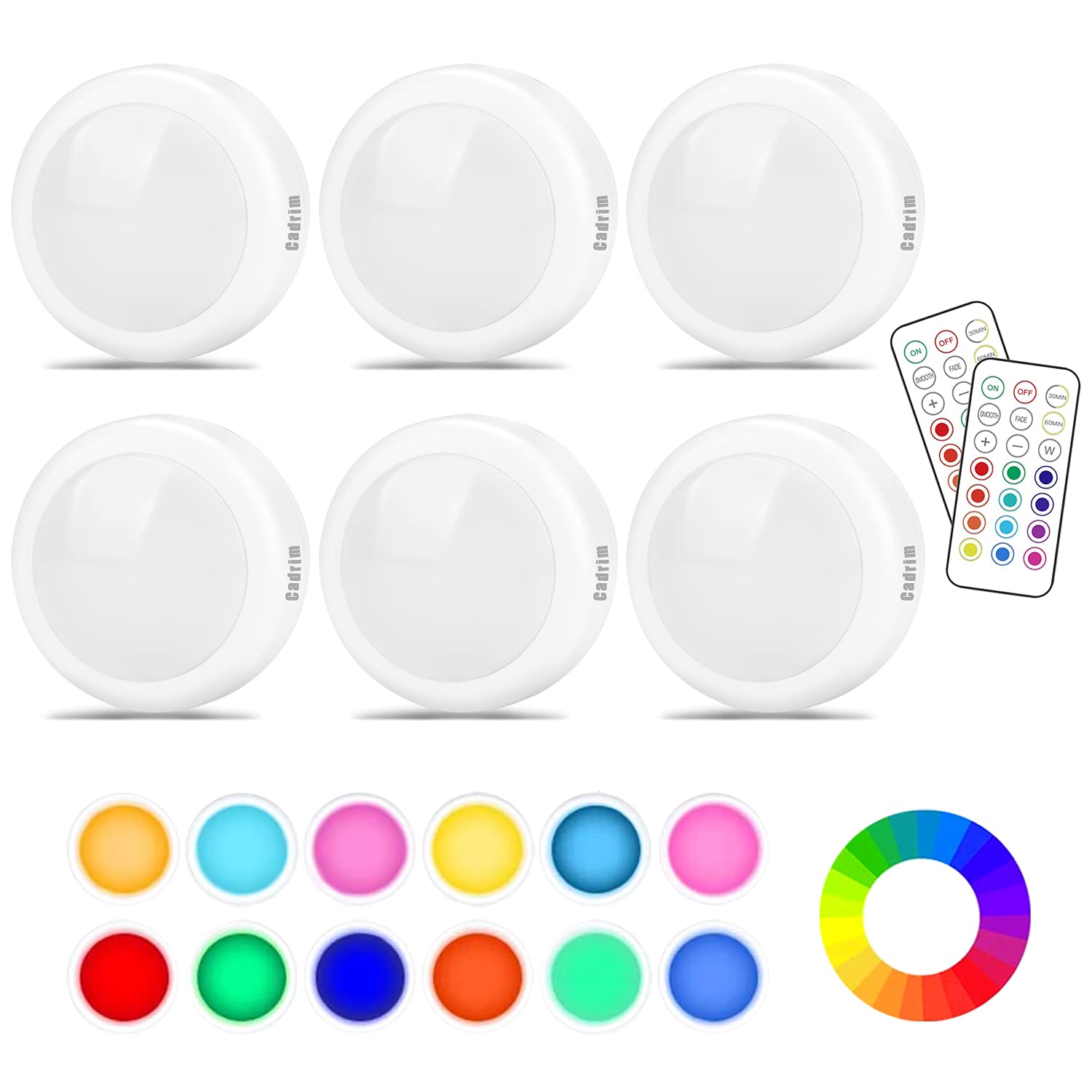 13 Color Changing LED Puck Lights - Battery Powered Dimmable Under Cabinet Lighting with 2 Wireless Remotes (6 Pack) | Perfect for Kitchen Countertops, Bookshelves & Display Cases
