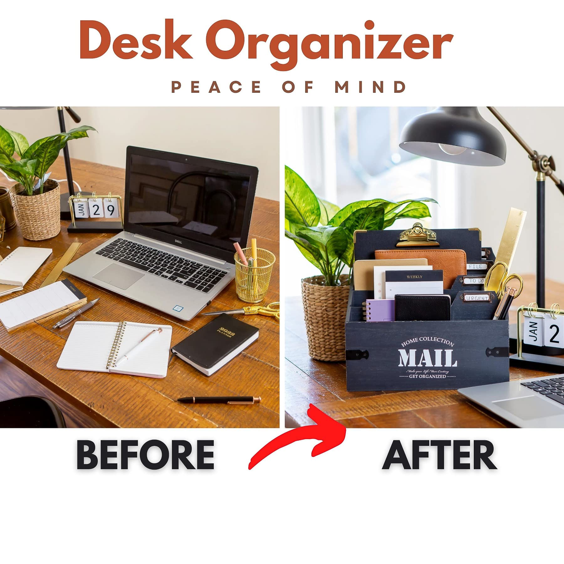 25DOL XXL Wooden Mail Organizer - 7 x 10.8 Inch Desktop Letter Sorter, File Holder & Desk Organizer for Office, Home - Rustic Mail & Document Storage Solution (Perfect for Bills, Letters, Files)