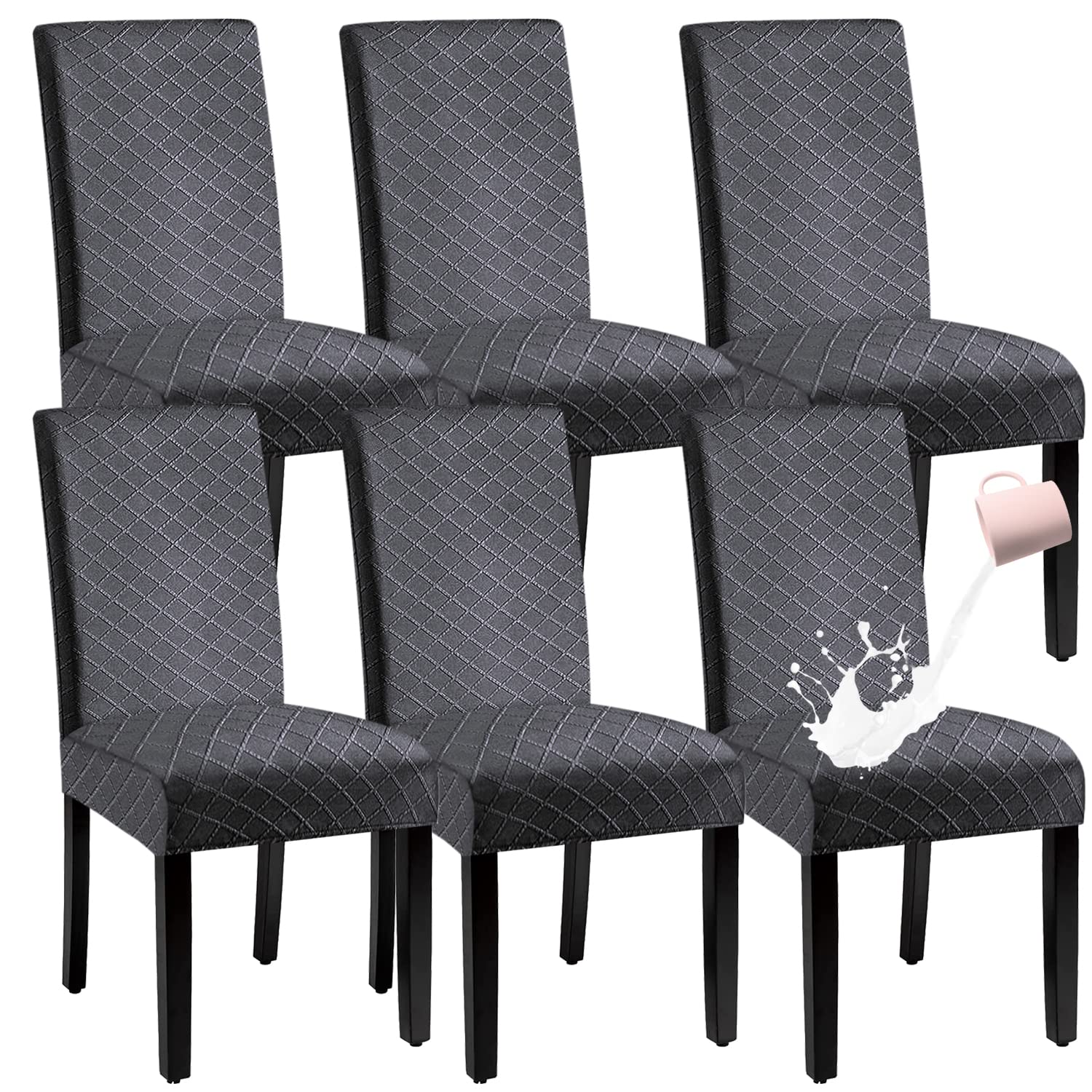 Waterproof Stretch Spandex Dining Chair Slipcover - Washable Jacquard Parsons Chair Covers Set of 6, Dark Grey - Perfect for Kitchen, Dining Room, Restaurant & Outdoor Use