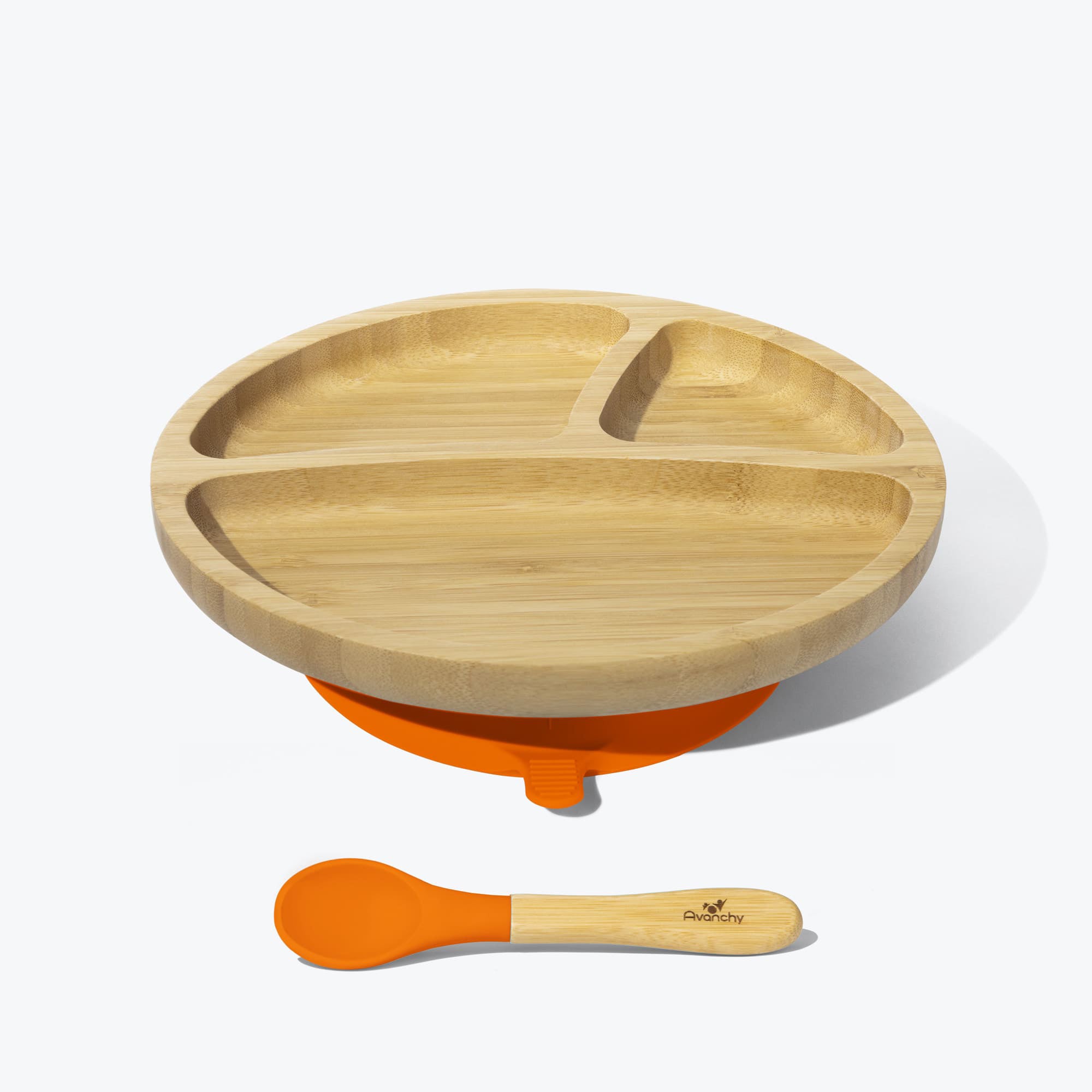 Avanchy Bamboo Suction Toddler Plate with Spoon - Eco-Friendly Baby Feeding Set in Orange - Perfect for Mess-Free Mealtime at Home or Travel