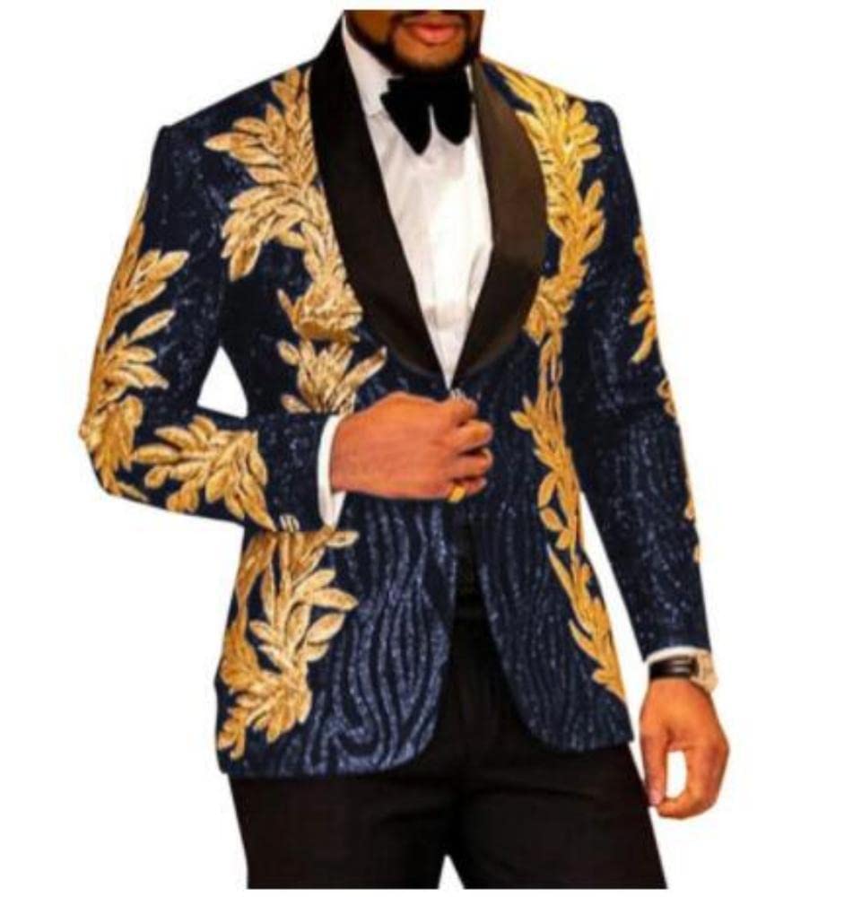 Premium Navy 2-Piece Slim Fit Men's Suit Set - Shiny Beaded Gold Embroidery Tuxedo Jacket & Pants | Business Blazer & Formal Groom Wear (Size 48/42) | Perfect for Weddings, Prom, Business Meetings & Special Occasions