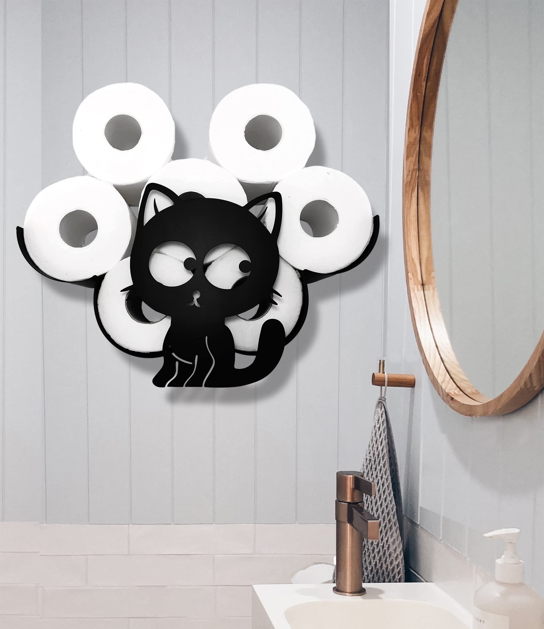 Black Metal Wall-Mounted Cat Toilet Paper Holder - Decorative Animal Tissue Storage Organizer for Bathroom (Holds 8 Rolls) - Perfect for Small Spaces, Apartments & Pet Lover Home Decor