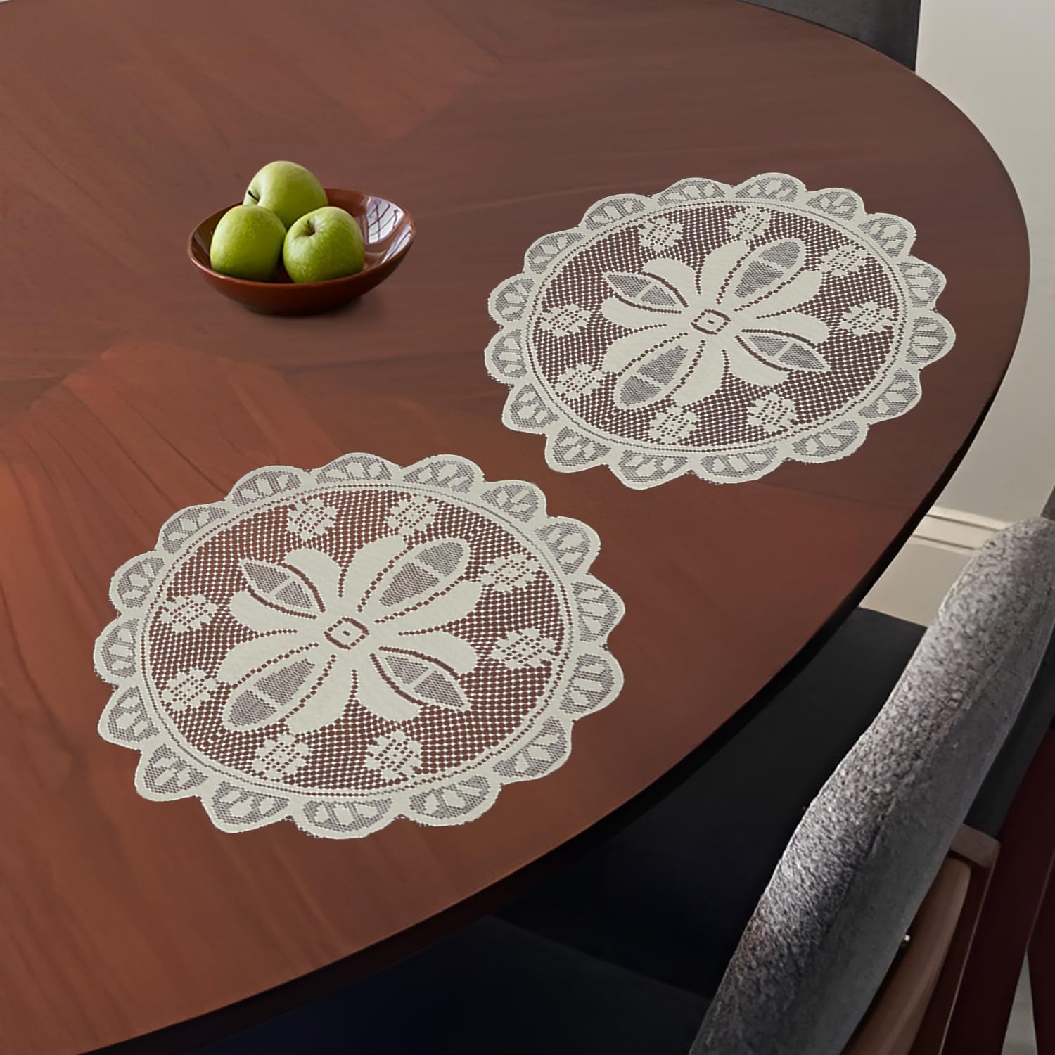 Kuber Industries Round Plain Net Placemat Set - 20 Inch White Bedside & Center Table Mats for Home Decor (Pack of 2) | Perfect for Dining Tables, Coffee Tables & Nightstands