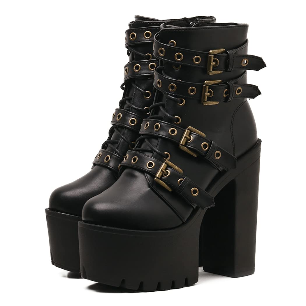 Women's Gothic Style Platform Combat Boots with Ankle Strap - Chunky High Heel Shoes for Plus Size | Perfect for Punk Fashion, Night Out & Cosplay