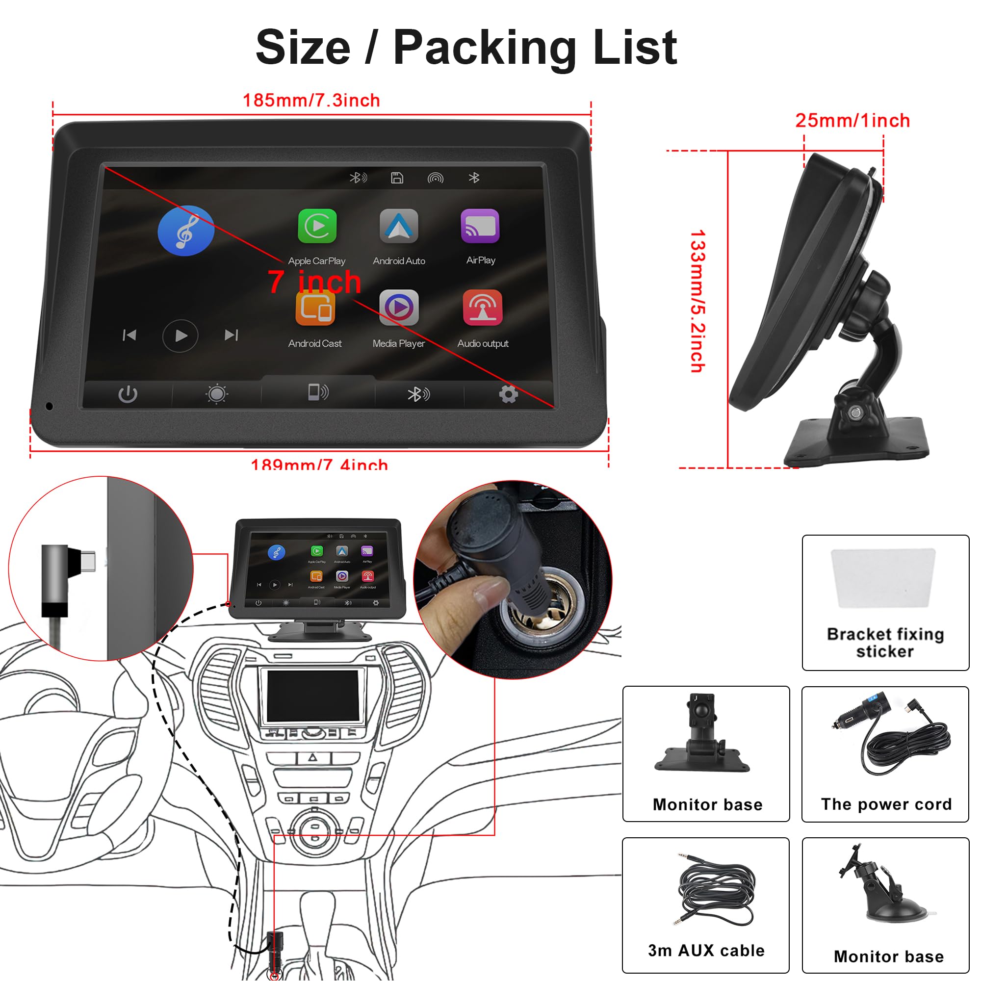 Rimoody 7 Inch Portable Car Stereo with Wireless Apple CarPlay & Android Auto - Touchscreen Bluetooth FM Transmitter, Mirror Link, Dash Mount | Perfect for Road Trips, Commuting & Hands-Free Driving