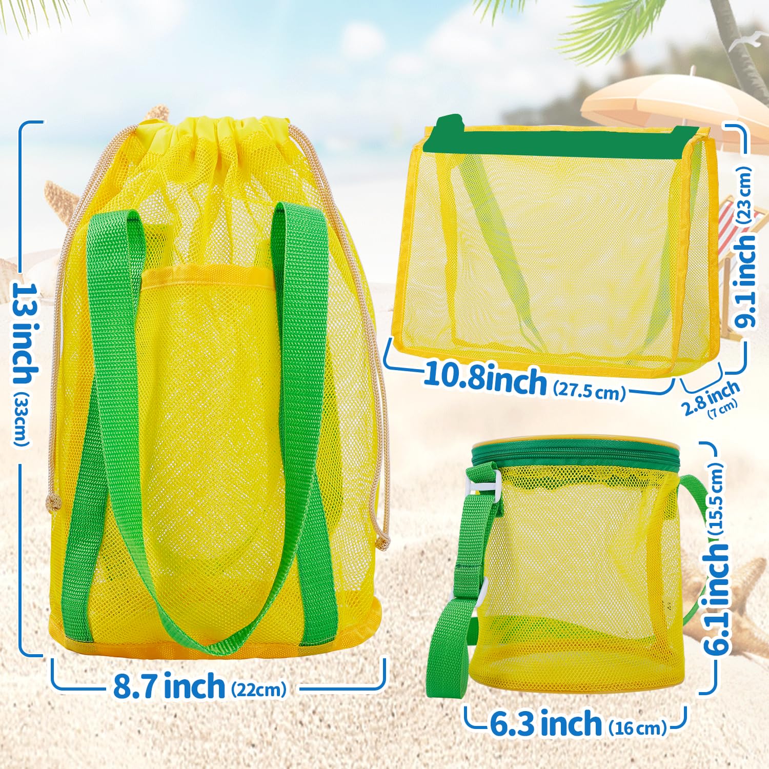 3 Pack Mesh Beach Bags Set - Waterproof Sand Toy Storage & Seashell Collecting Tote with Adjustable Strap, Zipper & Drawstring Closure - Perfect for Pool, Beach Trips & Outdoor Adventures