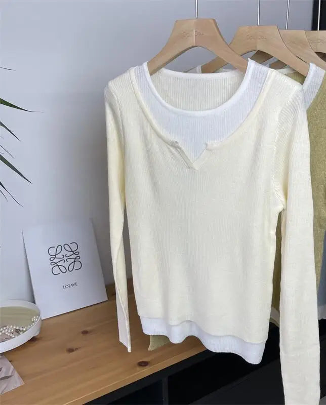 2024 New Women's French Casual Patchwork Long Sleeve Pullover Sweater - Round Neck Knitwear Top for Autumn Winter | Perfect for Holiday Gifts & Streetwear Fashion