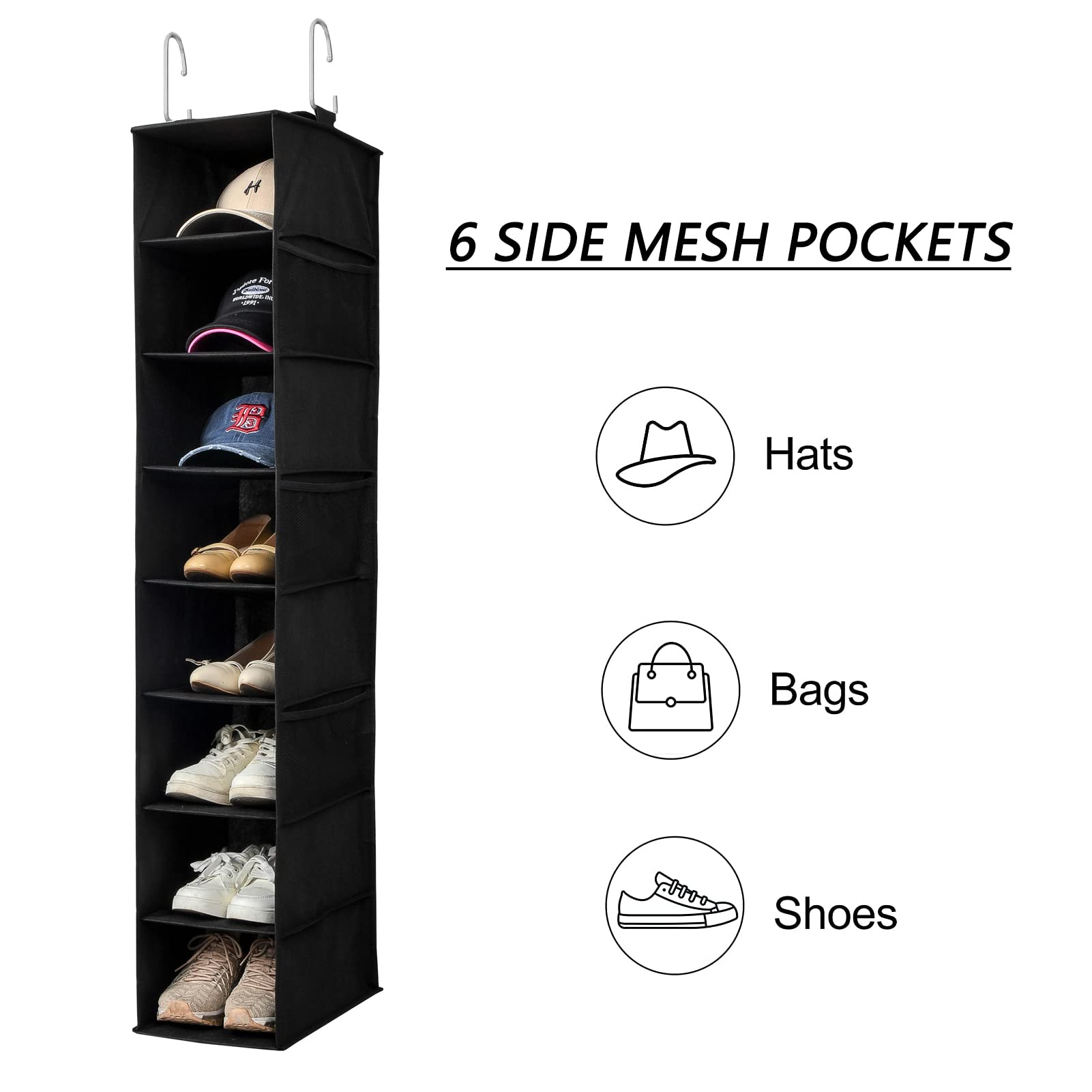 Hanging Shoe Organizer for Closet with Side Mesh Pockets - 8-Shelf Shoe & Hat Storage Holder for Baseball Caps - Space Saving Closet Organizer (Black, 2 Pack) - Perfect for Bedroom, Dorm, Entryway & Small Space Organization
