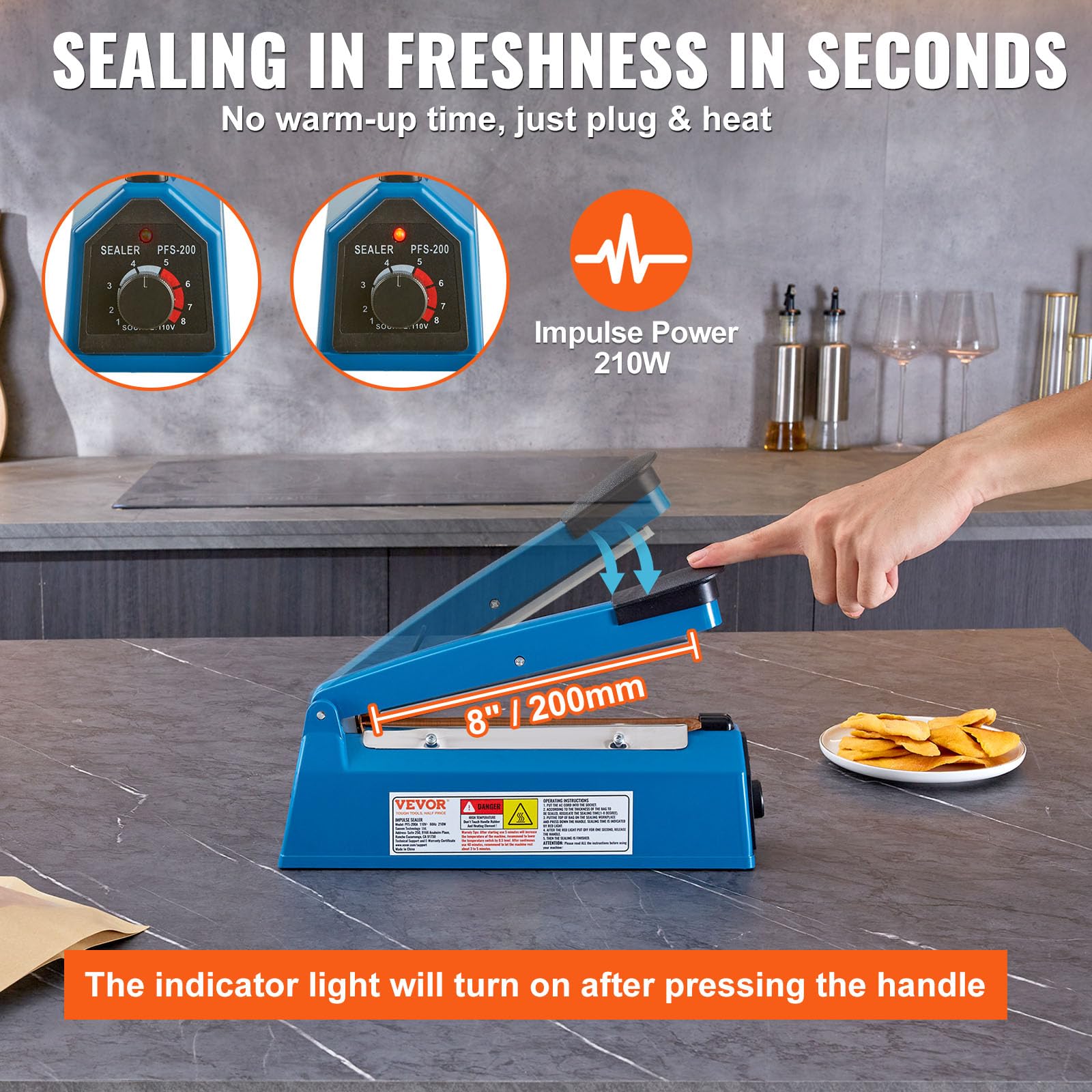 VEVOR 8 Inch Manual Impulse Sealer - Adjustable Heat Sealing Machine for Plastic, Mylar, PE & PP Bags | Portable Shrink Wrap Bag Sealer with Extra Replacement Kit | Ideal for Food Packaging, Retail & Warehouse Sealing Operations
