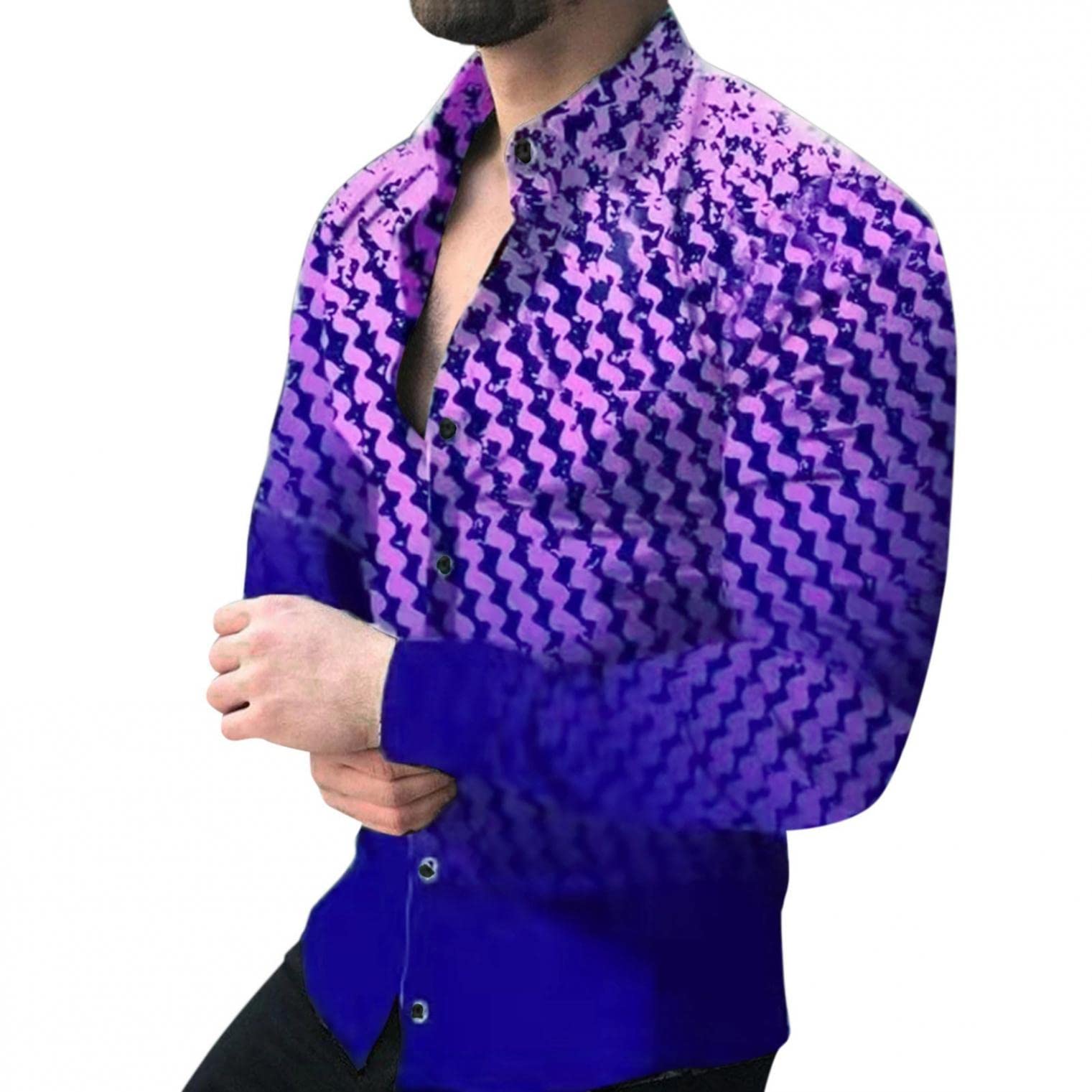 **Men's Plus Size 3D Print Graphic Long Sleeve Button Down Dress Shirt - Slim Fit Stretch Lapel Casual & Formal Big & Tall Tee - Perfect for Office, Parties & Special Occasions**