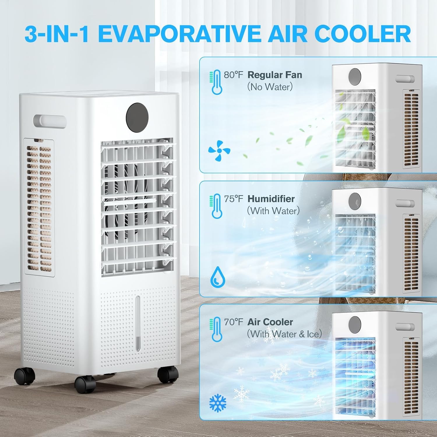 Portable Air Conditioner Without Window - 12H Timer, 2-Gal Tank, 3-in-1 Cooling Unit with Remote Control, 75° Oscillation, 3 Modes & 3 Speeds, Ultra Quiet 24