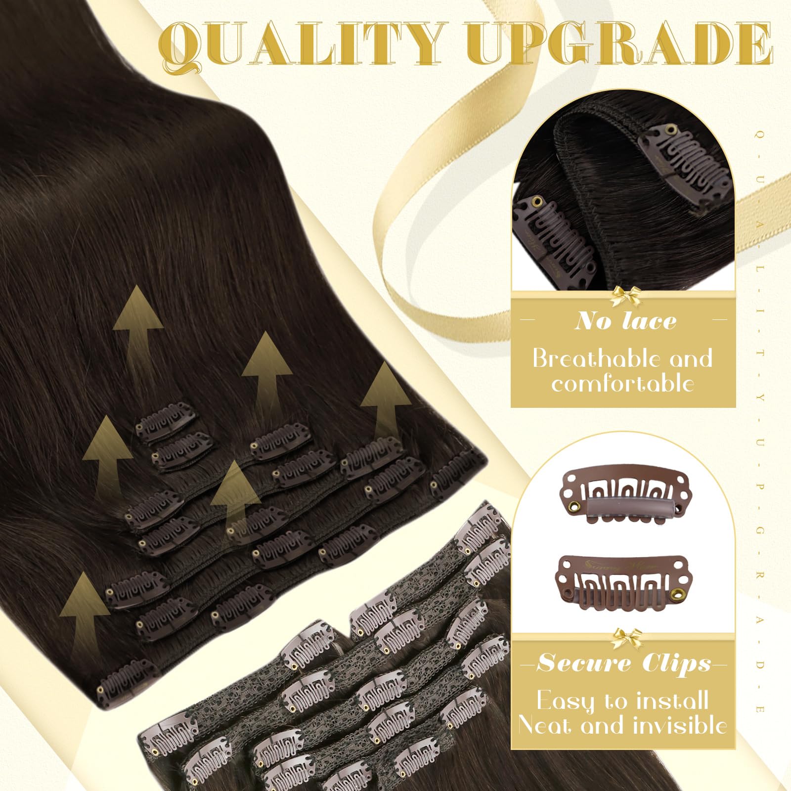 Ve Sunny Clip-in Human Hair Extensions Dark Brown 22inch 120g 7pcs - Remy Human Hair Weft for Wedding, Party & Daily Styling - Natural Looking Darkest Brown Hair Extensions for Volume & Length