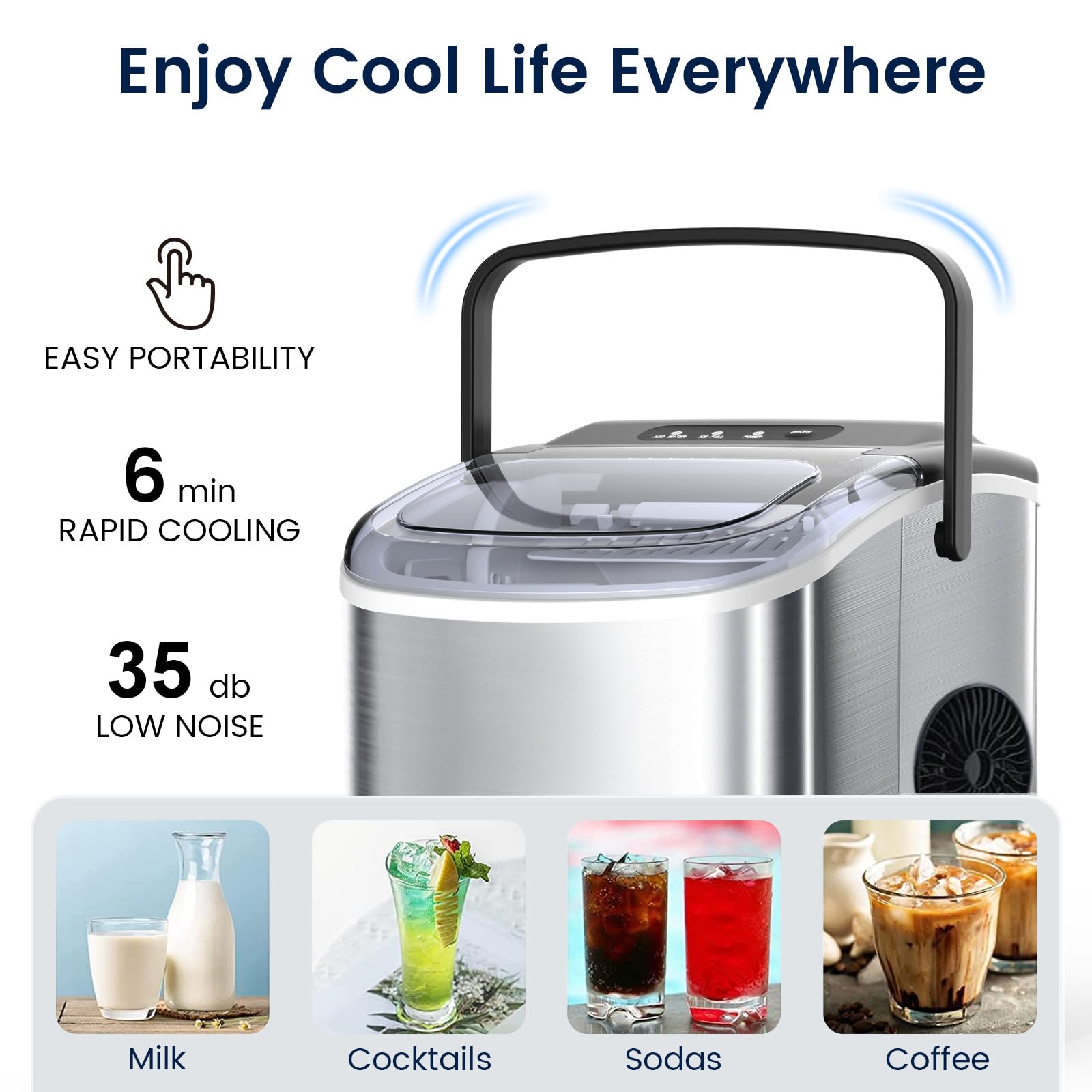 Joy Pebble Stainless Steel Countertop Ice Maker - 26Lbs/24H Capacity, Makes 9 Ice Cubes in 6-8 Minutes, Self-Cleaning Portable Ice Machine with Handle for Home, Office, Bar & Outdoor Use (Silver)