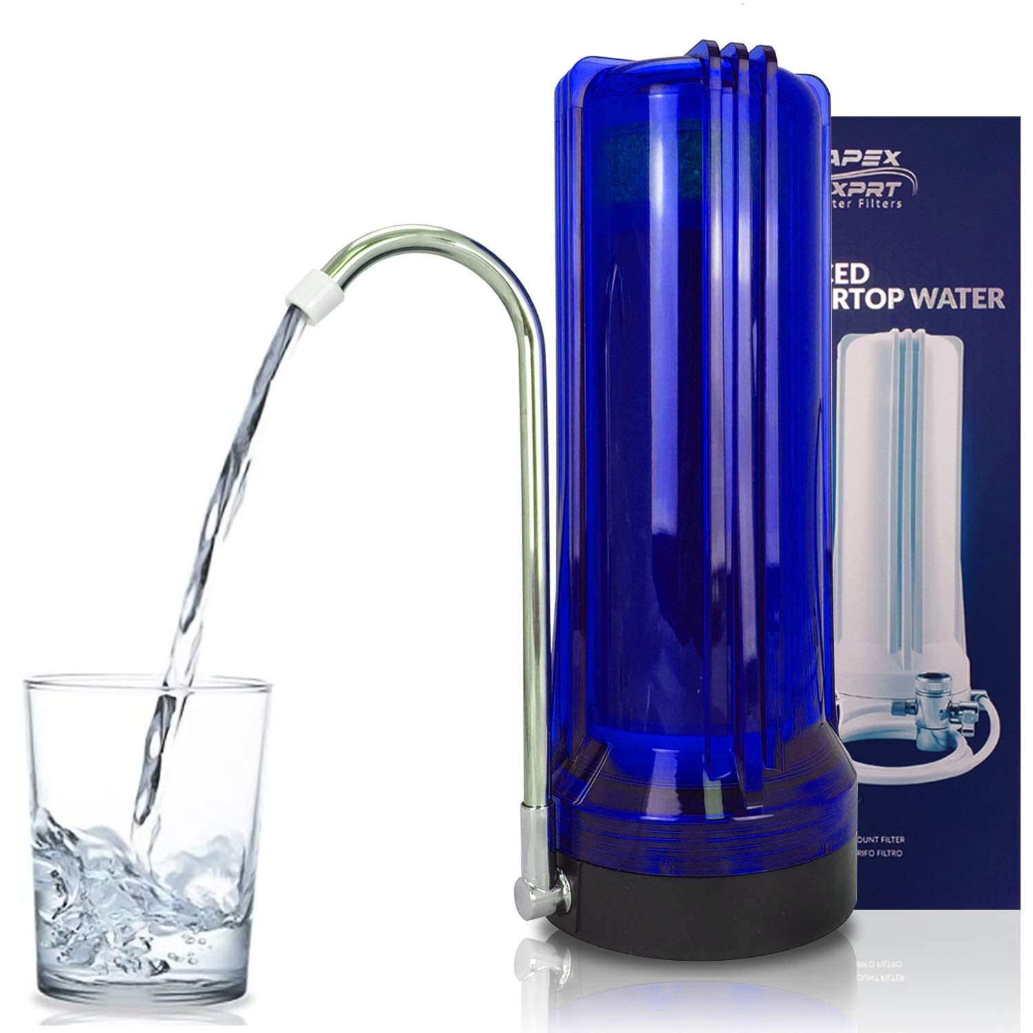 APEX MR-1030 3-Stage Countertop Water Filter System with GAC, Calcite & KDF-55 - Removes Heavy Metals, Chlorine (99%), Bad Taste - Easy Installation for Sink Faucet - Perfect for Home, Office & RV Use (Blue)
