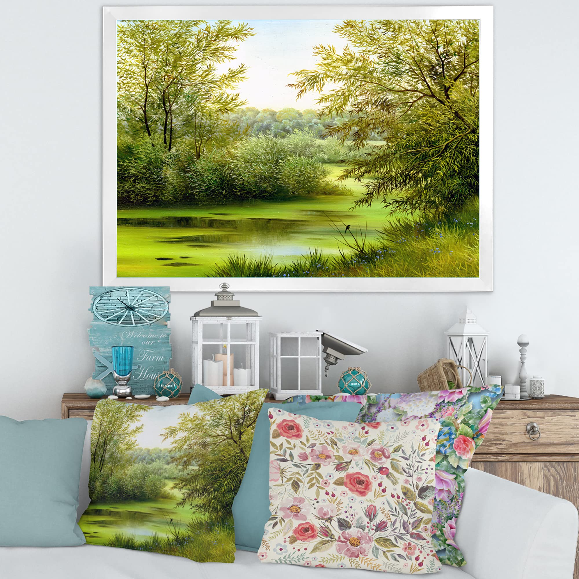 DesignQ Green Pond with Spring Trees Country Framed Wall Art - Nature Landscape Canvas Painting for Living Room, Bedroom & Office Decor