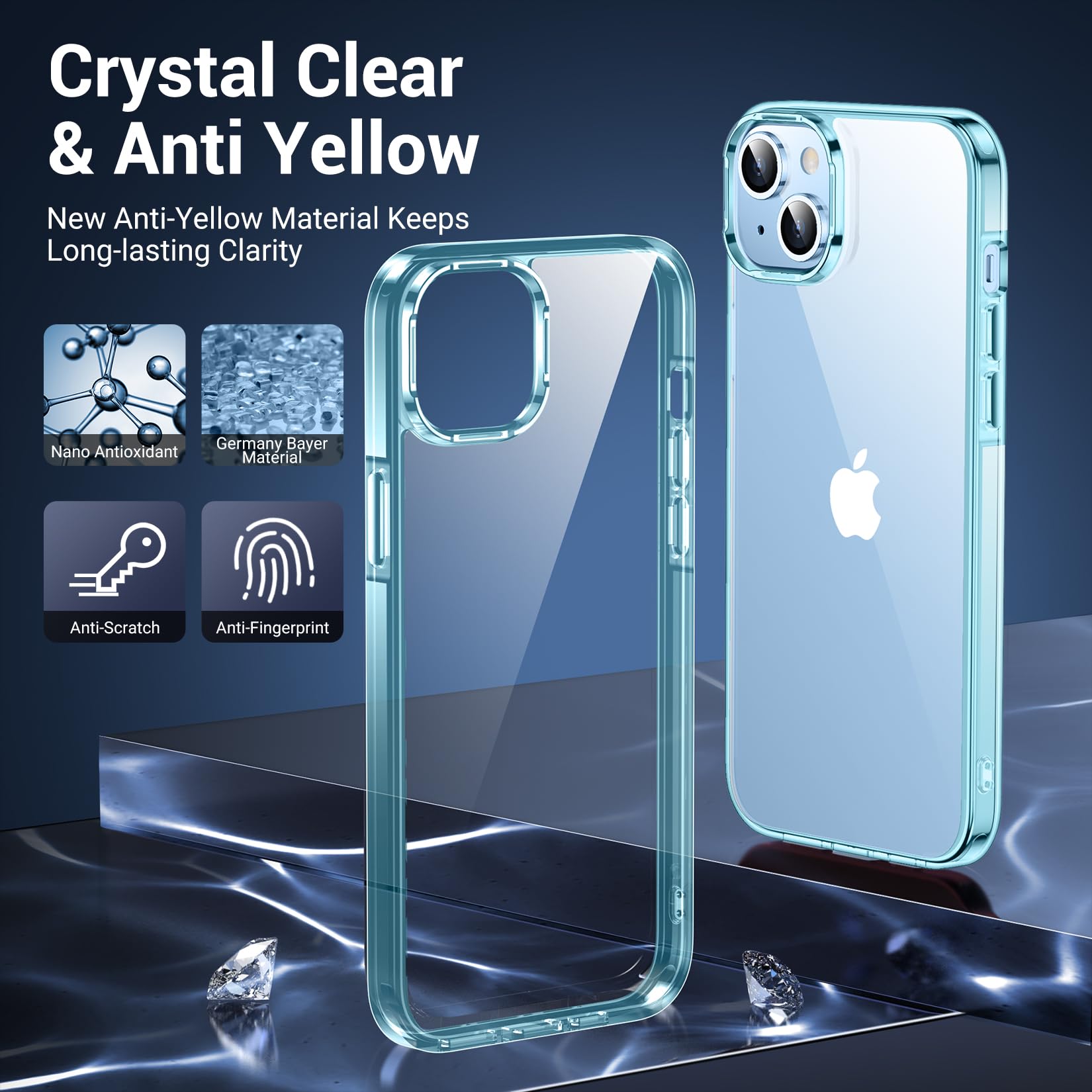 Premium Slim iPhone 15 Case & iPhone 14 Case - Military Grade 10FT Drop Protection | Anti-Yellowing Crystal Clear Design | Includes 2 Tempered Glass Screen Protectors (Crystal Blue) - Perfect for Everyday Use, Outdoor Activities & Travel Protection
