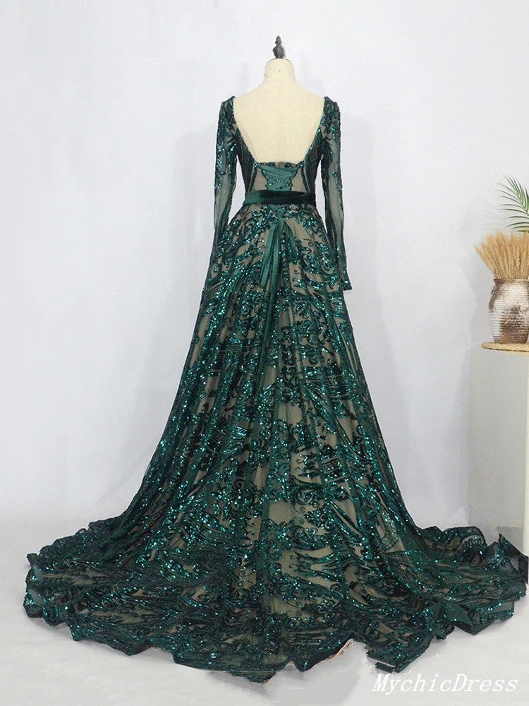 Elegant Long Sleeve Green Lace Prom Dress with Open Back - Perfect for Homecoming, Formal Dances & Special Occasions