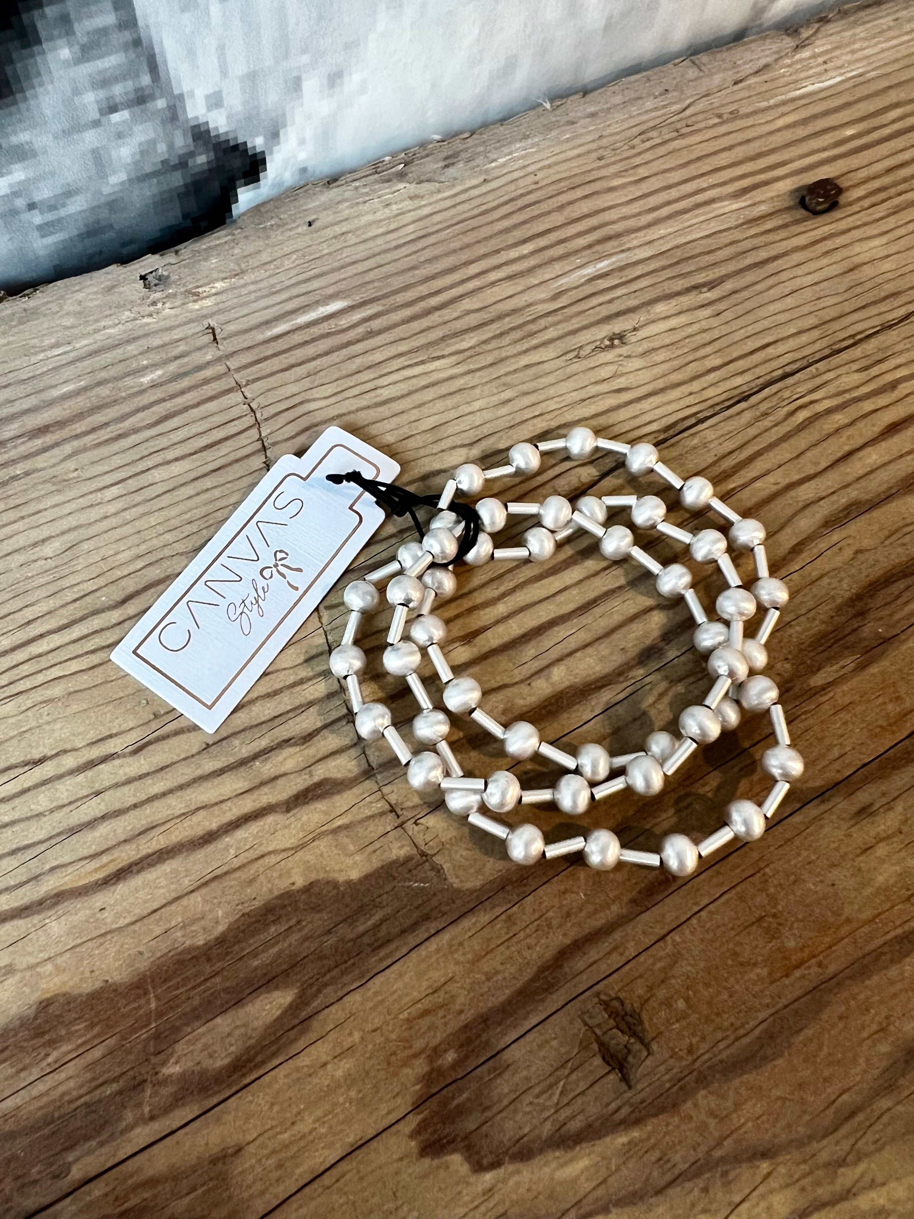 Silver Beaded Stretch Bracelet Set - Elegant Satin & Canvas Talyah Design for Women - Perfect for Parties, Weddings & Everyday Wear