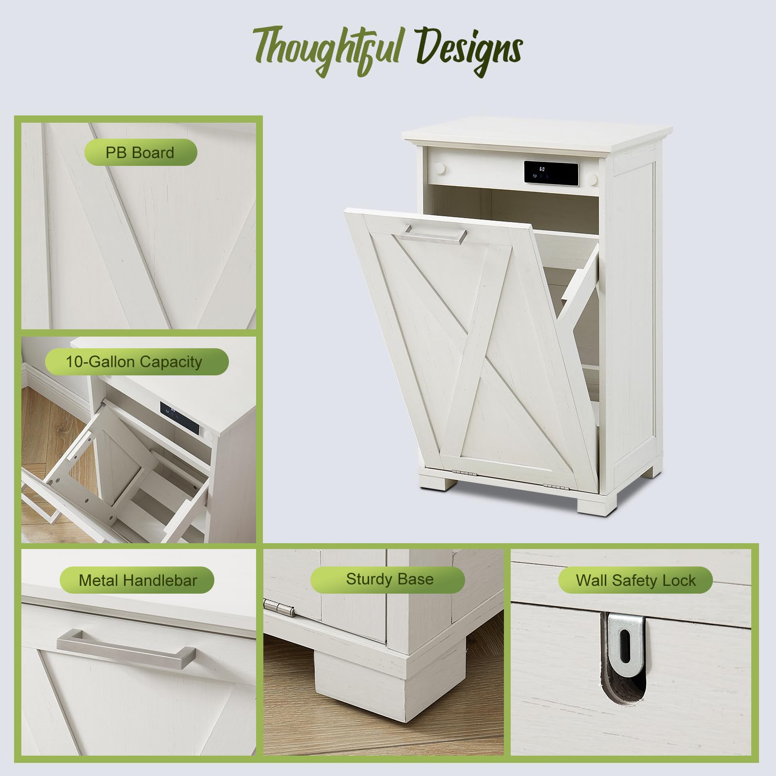10-Gallon Tilt-Out Trash Can Cabinet with Odor Control - Pull-Out Recycling Garbage Bin with Spacious Wooden Top for Kitchen, Bedroom & Laundry - Perfect for Waste Management & Home Organization (White)