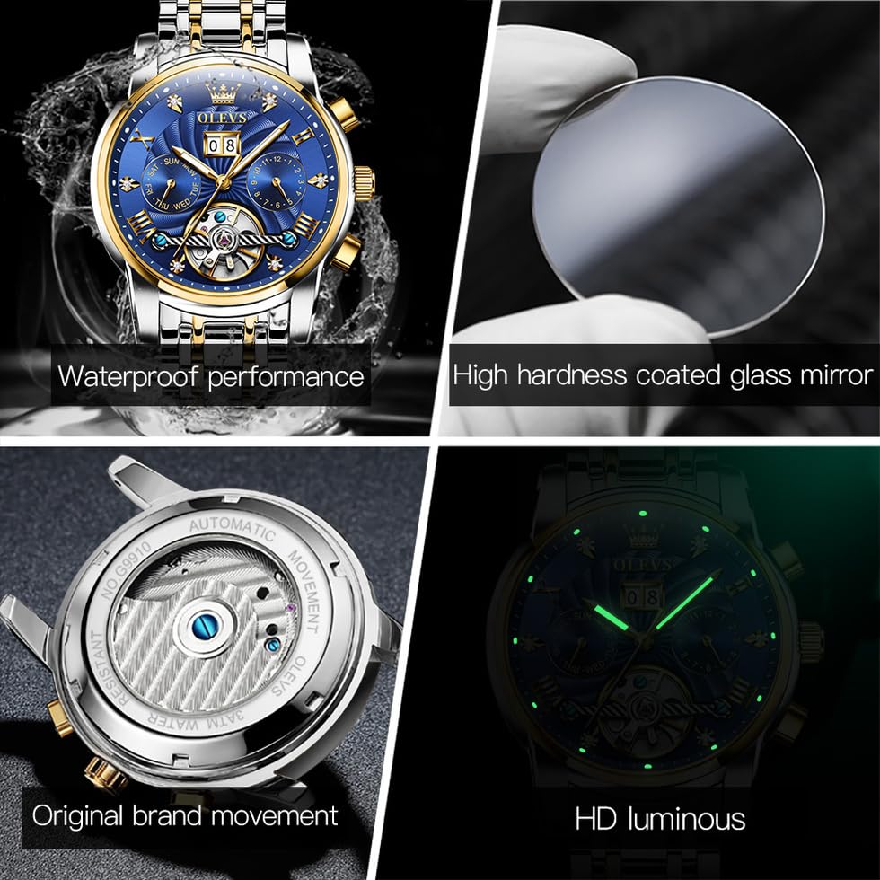 OLEVS Luxury Skeleton Automatic Mechanical Watch for Men - Self Winding, Diamond Accents, Luminous Hands, Waterproof - Perfect for Business, Formal Events & Everyday Wear