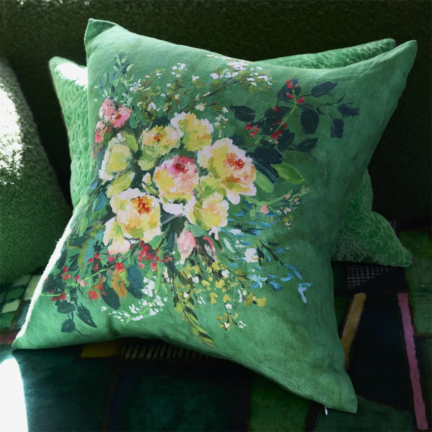Christian Lacroix Margaretta Linen Emerald Green Decorative Throw Pillow Cover - Luxury Home Decor for Sofa, Bedroom & Living Room