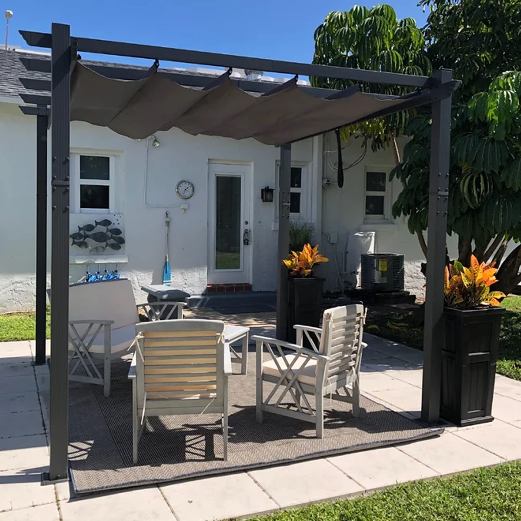 PURPLE LEAF 10' X 10' Retractable Pergola with Sun Shade Canopy - Outdoor Metal Patio Shelter for Garden, Porch, Beach Pavilion - Modern Gray Gazebo & Grape Trellis - Perfect for Backyard BBQ, Poolside Lounging & Outdoor Entertaining
