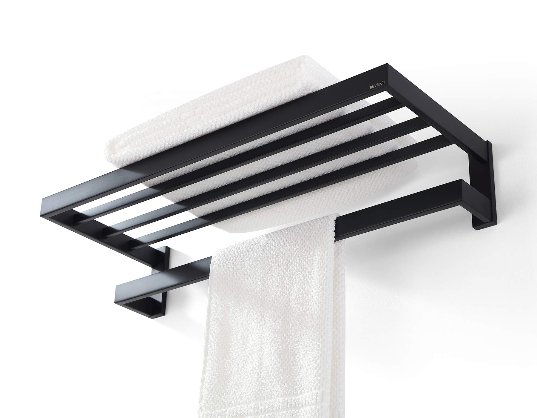 Modern Square Hotel-Style Towel Rack for Bathroom - 24 Inch Wall Mounted Towel Holder with Towel Bar, Matte Black (No Assembly Required) - Perfect for Bathroom, Spa, and Hotel Decor - Ler Series 073100-MB