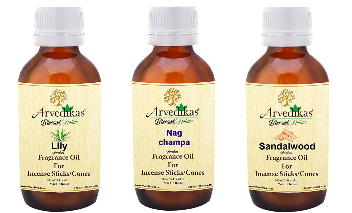 Arvedikas Set of 3 Premium Fragrance Oils (Lily, Nagchampa, Sandalwood) for Making Incense Sticks, Agarbatti & Cones - 100ml Each Bottle - Perfect for Aromatherapy, Meditation & Home Fragrance