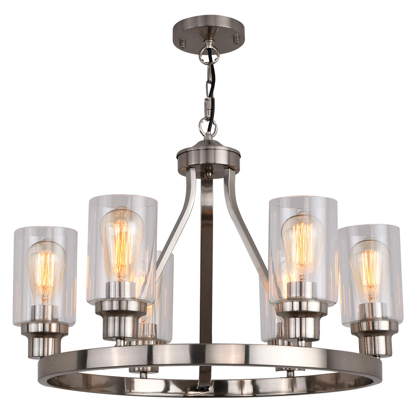 Modern 6-Light Brushed Nickel Chandelier with Glass Pendants - Elegant Dining Room Lighting Fixture for Kitchen, Living Room & Bedroom - Perfect for Family Dinners, Entertaining Guests & Cozy Home Decor