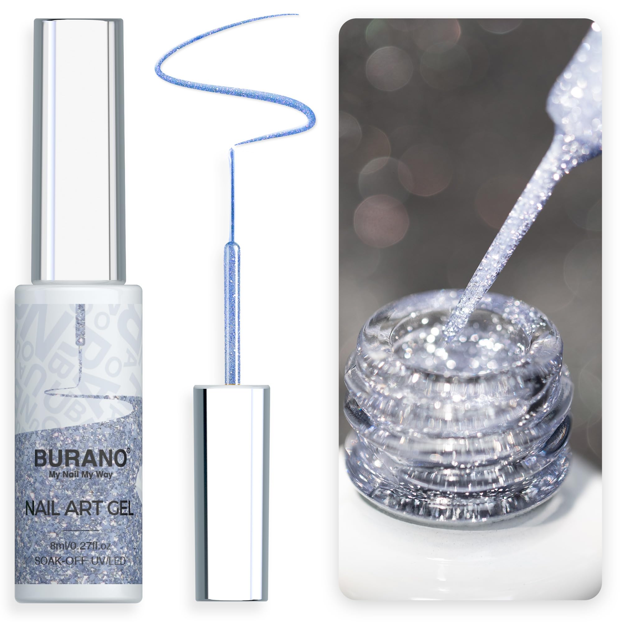 BURANO Holographic Gel Nail Polish - Reflective Glitter Nail Art Liner with Thin Brush, Chrome Gel Polish for Nail Designs (8ml, Curing Required) - Perfect for Salon, Home Manicures & Special Occasions