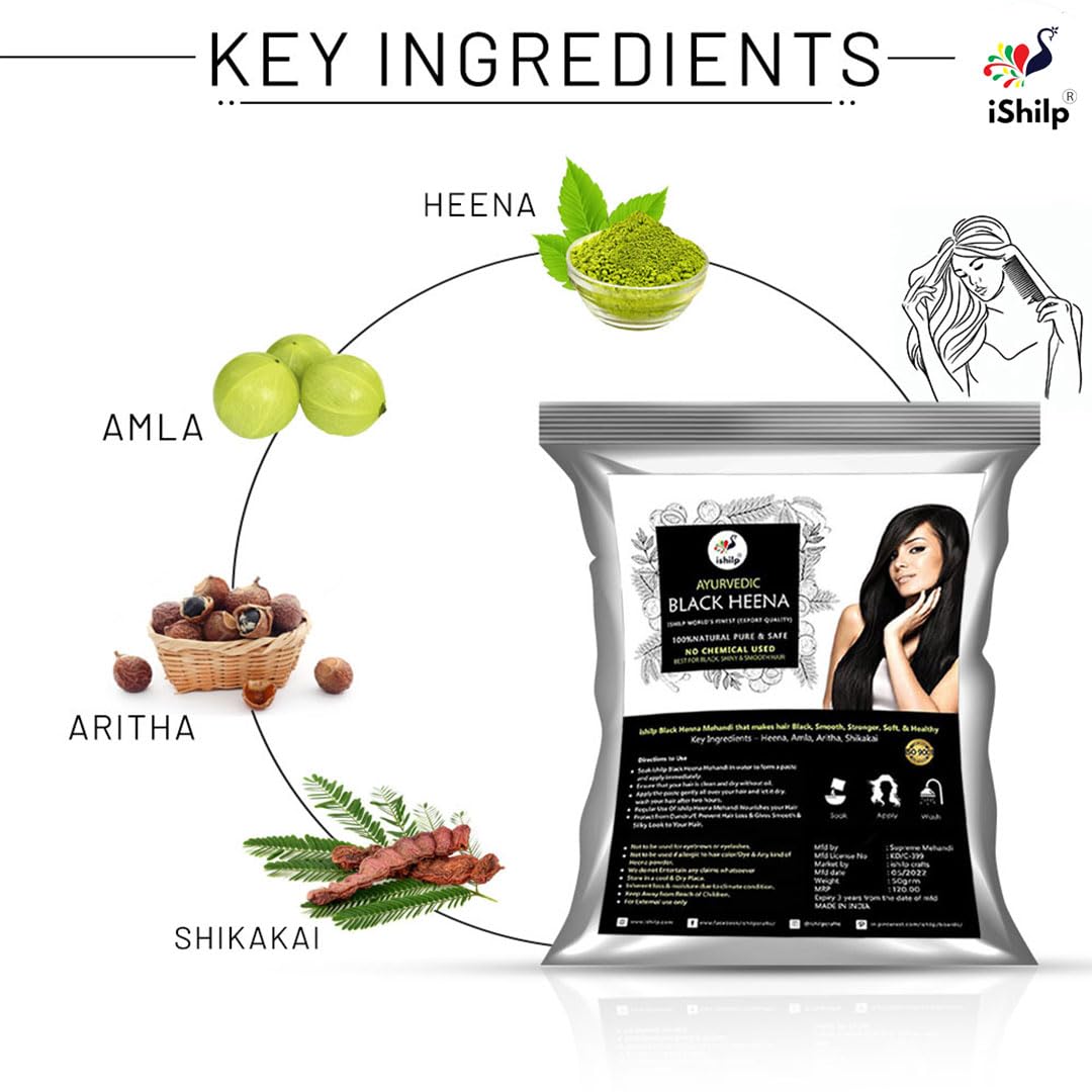 iShilp Black Herbal Hair Color | Natural Henna for Women & Men | Chemical-Free Hair Dye | Pack of 2 (50g Each) | Perfect for Gray Coverage & Natural Hair Coloring at Home