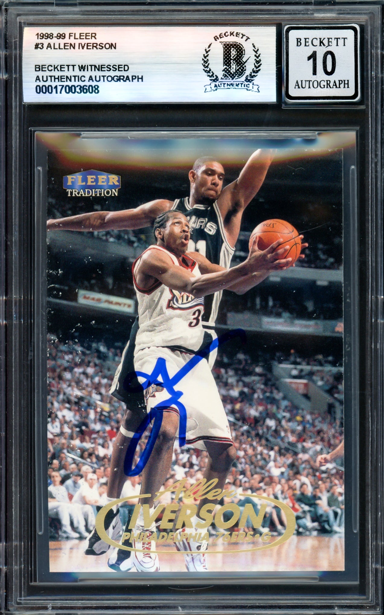 Allen Iverson Autographed 1998-99 Fleer Basketball Card #3 - Philadelphia 76ers - Beckett BAS Gem Mint 10 Grade - Witness #17003608 - Perfect for NBA Memorabilia Collectors & Sports Fans Display