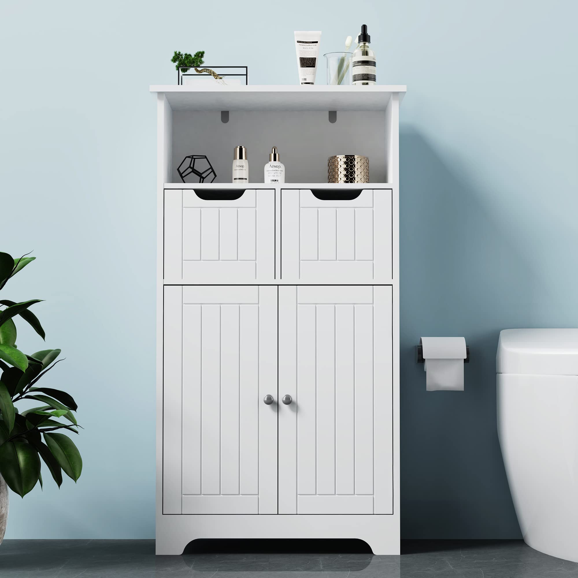 Cozy Castle White Bathroom Storage Cabinet with 2 Drawers & Doors - Floor Standing Bathroom Organizer for Toiletries, Kitchen Supplies & Home Decor - Perfect for Bathroom, Bedroom, Living Room & Kitchen Storage Solutions