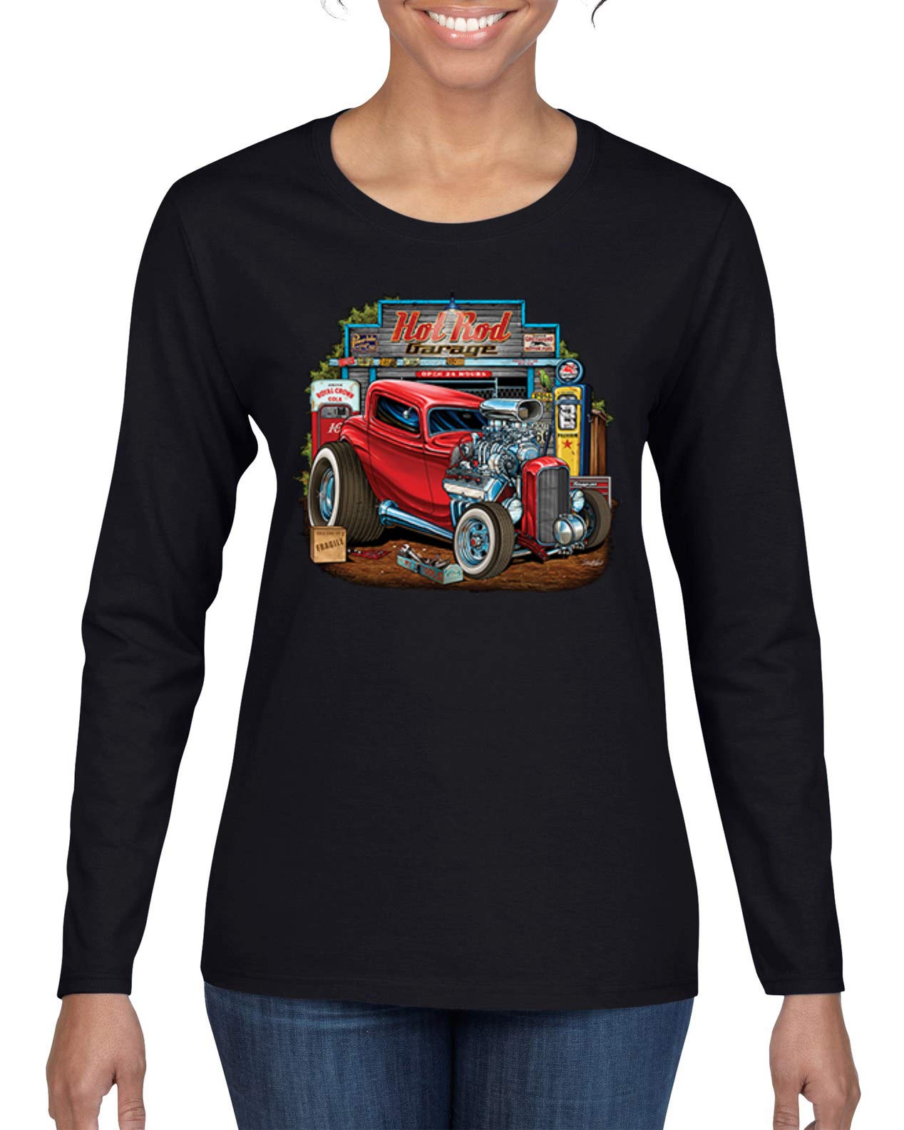 Vintage Hot Rod Old Garage Cars and Trucks Women's Graphic Long Sleeve T-Shirt - Retro Automotive Style for Casual Wear, Car Enthusiast Outfits & Themed Events