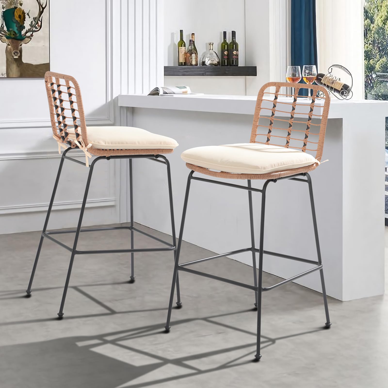 **Patiorama Outdoor Bar Stools Set of 2 - Counter Height Rattan Bar Chairs with Footrest, Hand-Woven Armless Beige Patio Stools for Garden, Pool, Indoor, Cafe & Kitchen - Creamy White - Perfect for Backyard BBQs, Poolside Lounging & Stylish Home Decor**