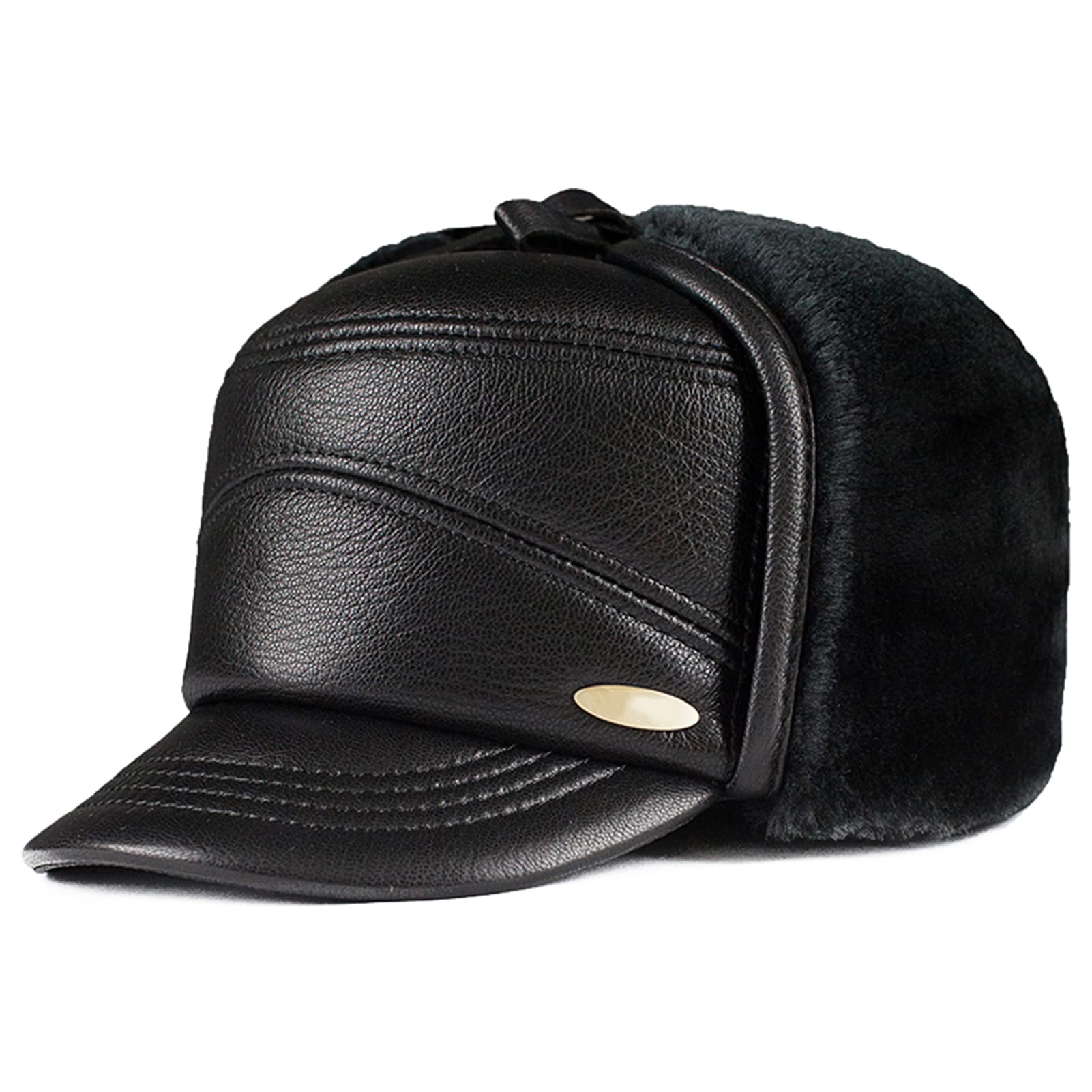 Vintage Leather Ushanka Hat for Men - Russian Winter Cap with Ear Flaps & Adjustable Fit | Cold Weather Outdoor Hunting, Skiing, Snowboarding Accessory