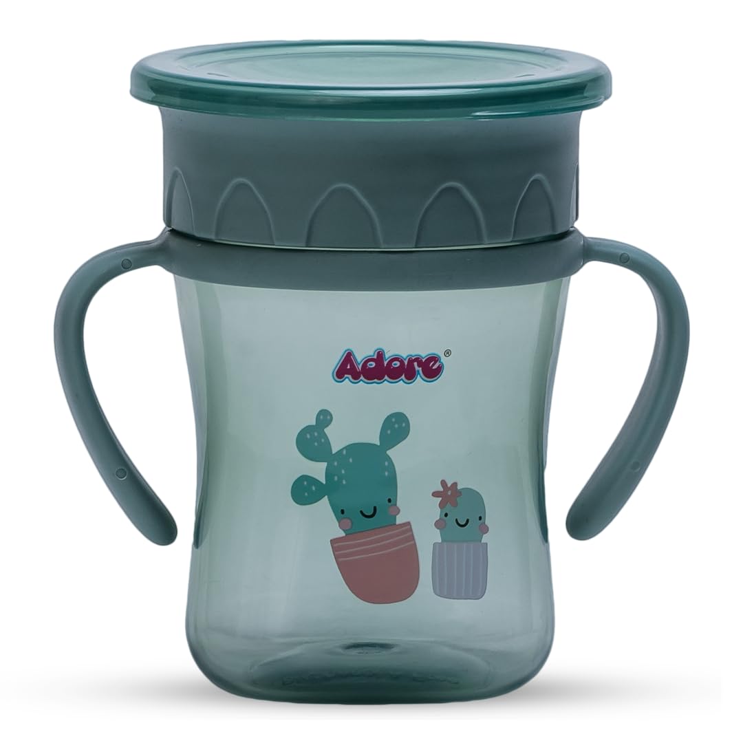 Adore Magic 360 Spoutless Sipper Cup with Handle | Leak-Proof Baby Water Bottle for 6-12 Months | Anti-Spill Straw Cup for Toddlers & Kids | BPA-Free Training Cup for Boys & Girls (250ml, Green) | Perfect for Daycare, Travel & Learning to Drink Independently