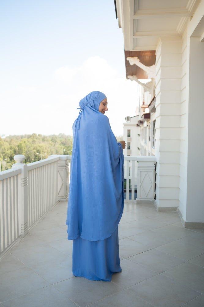 Blue Calinia Prayer Gown Two Piece Set Khimar for Omrah - Islamic Modest Dress for Women, Hajj & Umrah Prayer Outfit - Perfect for Mosque, Religious Ceremonies & Daily Worship