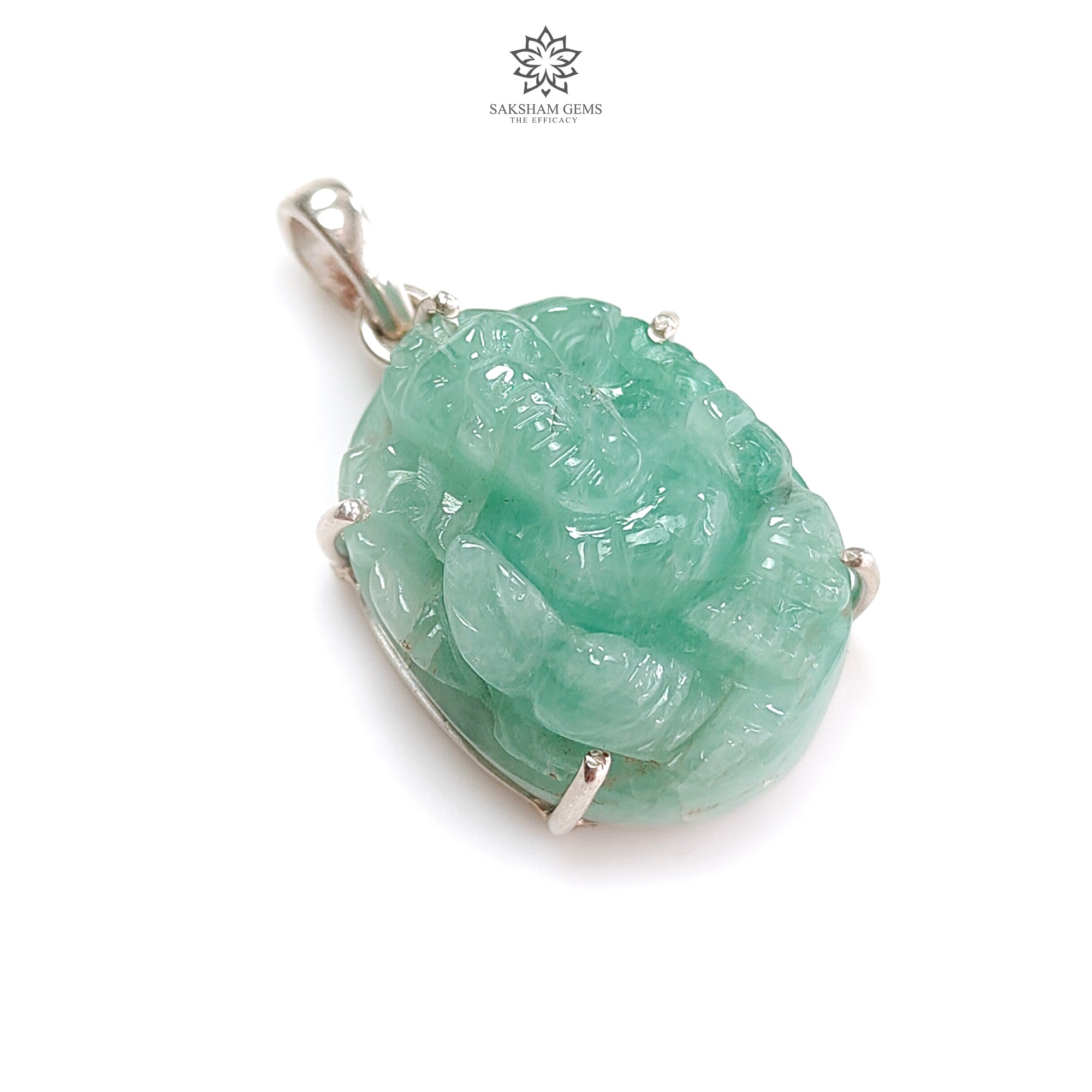 Natural Untreated Green Emerald Ganesha Pendant - 9.06g 925 Sterling Silver Prong Set Jewelry for Meditation & Spiritual Protection | Hindu God Ganesh Idol Necklace for Blessings & Good Fortune