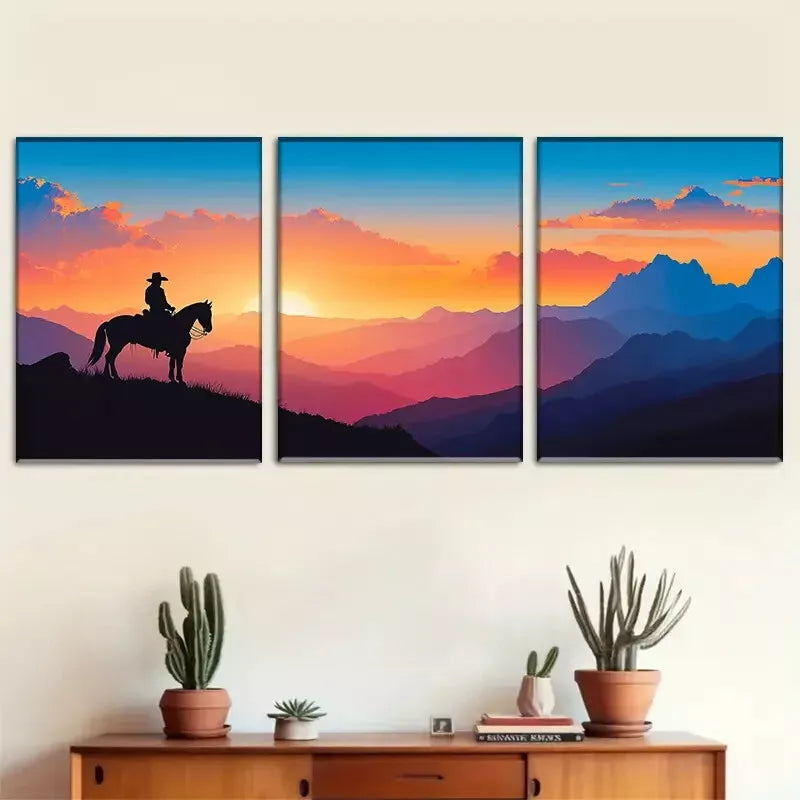 3-Piece Sunset Rider Nature Wall Art Set - Framed Canvas Prints 40x60cm (16x24in) | High Quality Australian Made Wall Decor | Perfect for Living Room, Bedroom & Office Decor