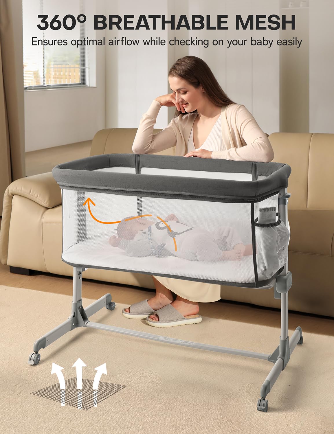 Besrey Baby Bassinet Bedside Sleeper - Breathable Mesh Crib for Newborns with Adjustable Height & 360° Wheels | Portable Infant Bed with Storage Pockets | Perfect for Nursery, Bedroom & Travel
