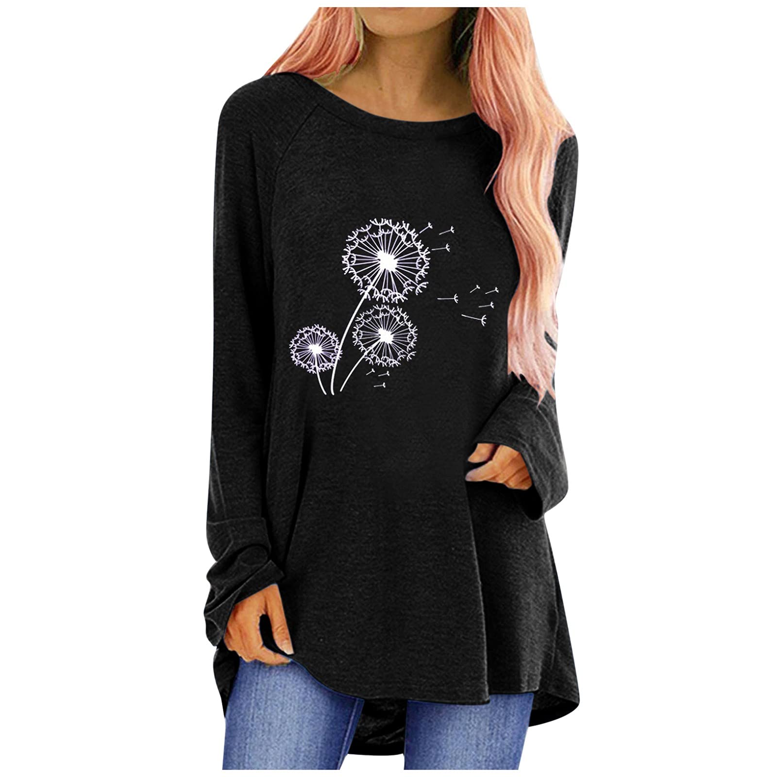 Women's Long Sleeve Tunic Tops with Dandelion Print - Casual Blouse for Leggings | Perfect for Work, Yoga & Everyday Wear