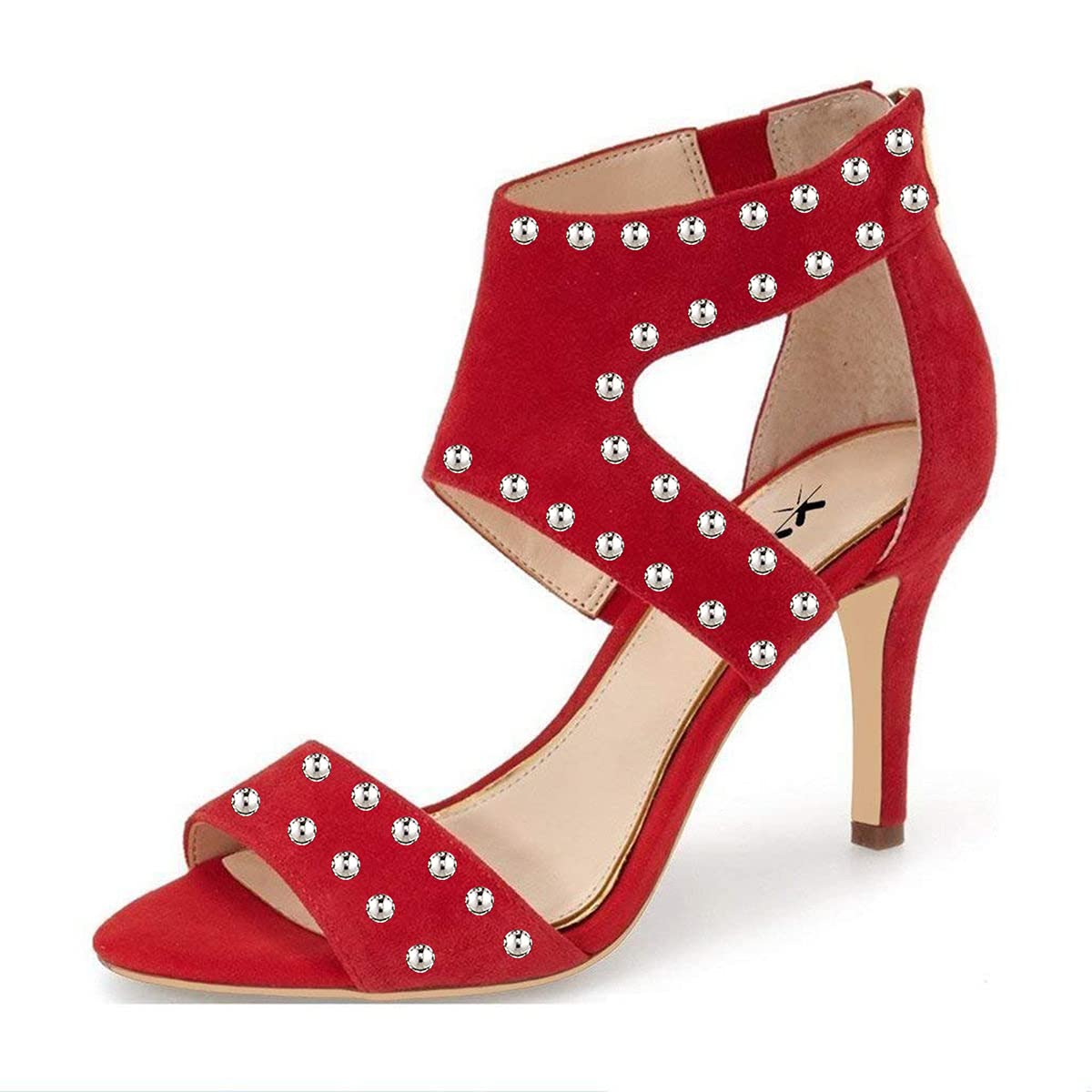 XYD Women's Open Toe Sandals with Ankle Wrap & Back Zip | Studded Cutout Strappy Mid Heels | Comfortable Classy Casual Shoes for Summer Outfits, Beach Vacations & Date Nights