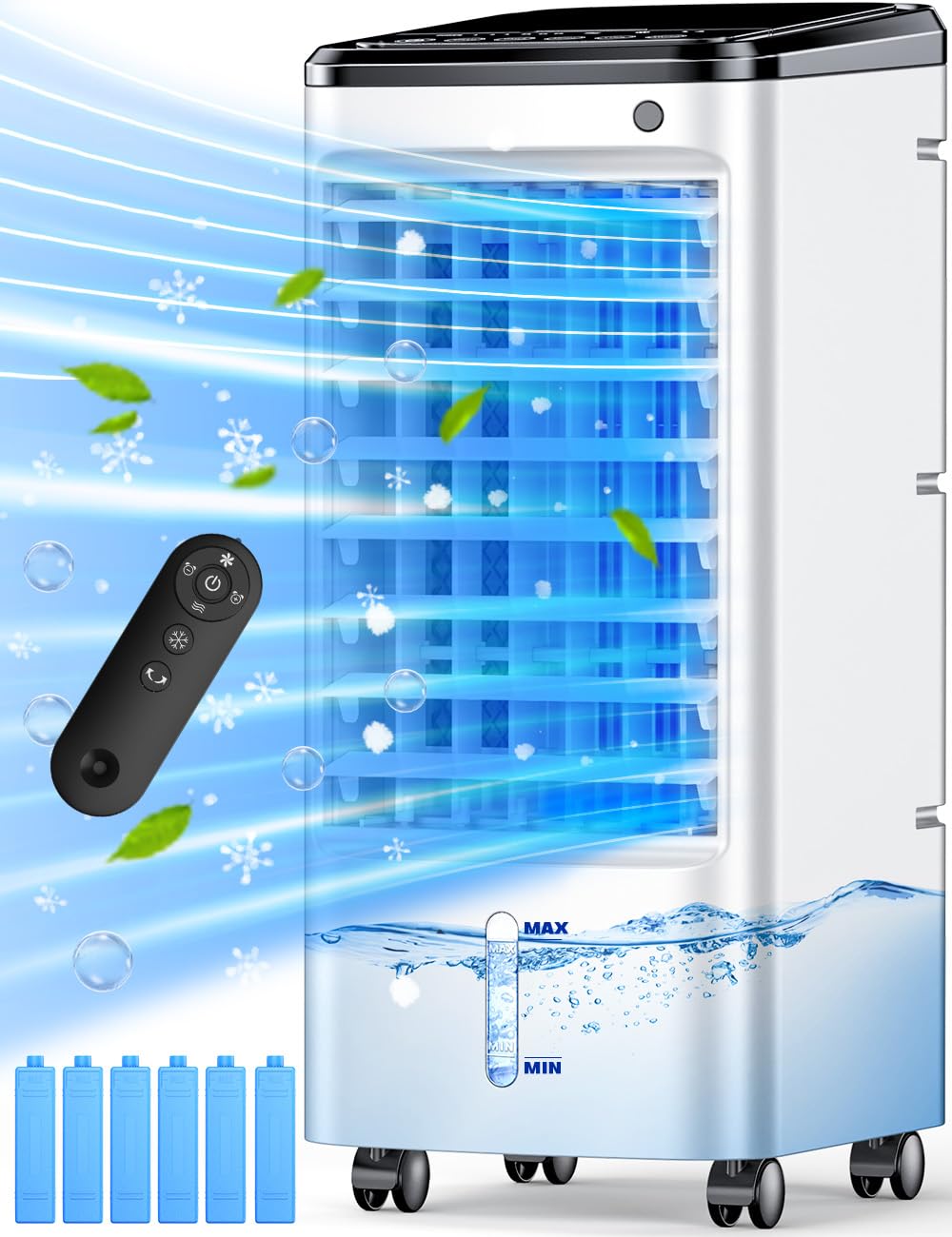 Portable Evaporative Air Cooler with 12H Timer & Smart Remote - 3-Speed Windowless AC, 6 Ice Packs & Dual Tank - Perfect for Bedroom, Office, Living Room & Outdoor Spaces