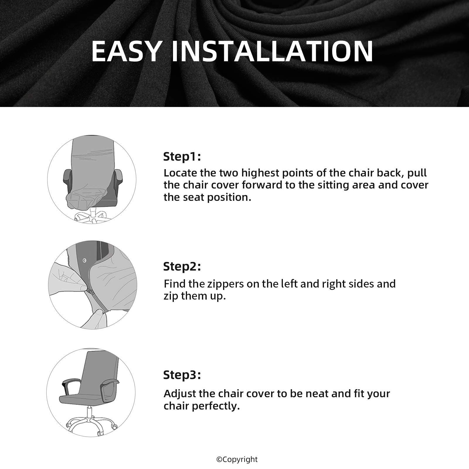 Waterproof Office Chair Cover with Heavy Duty Zipper - Stretchable Universal Computer Chair Protector - Soft Polyester Slipcover for Swivel Chair, Desk Chair (Black) - Perfect for Home Office, Gaming Setup & Conference Rooms