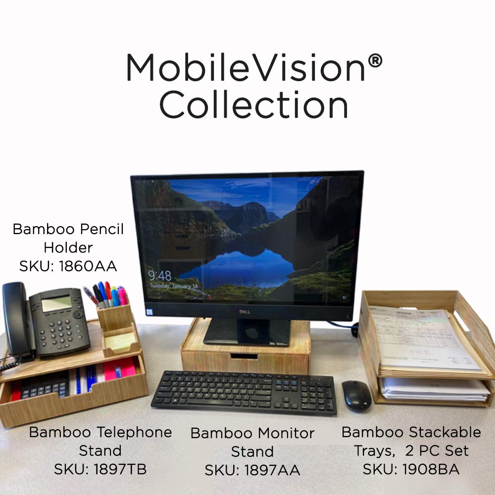 MobileVision Bamboo Phone Stand with Drawer - Stackable Office Organizer for Pens, Pencils, Scissors, Notepads & Business Cards - Perfect Desk Accessory for Home & Office Workspace Organization