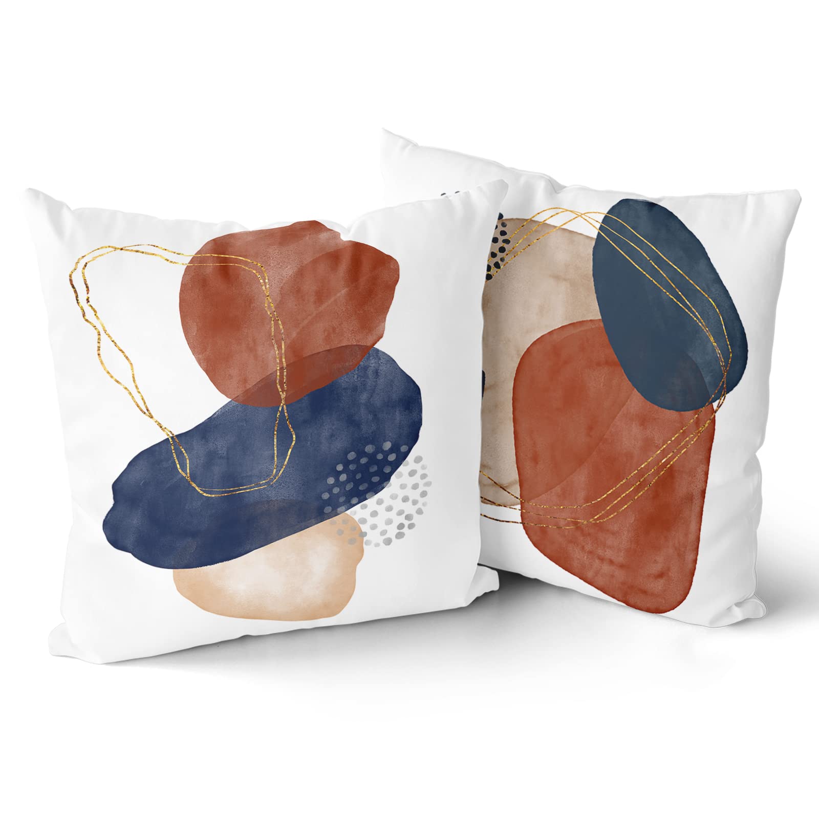 Geometric Throw Pillow Covers 18x18 Inches - Abstract Boho Pillow Cases Set of 2 in Navy Blue, Burnt Orange & Gold - Midcentury Modern Decor for Couch, Sofa, Bedroom & Living Room